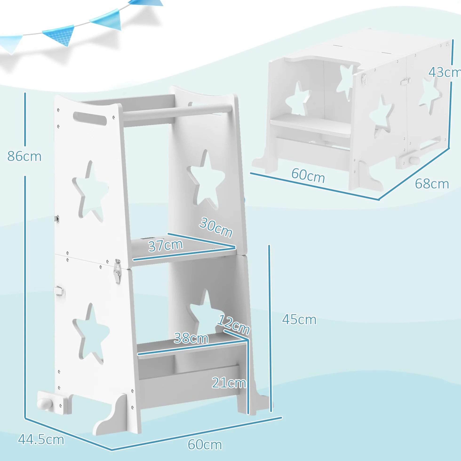 AIYAPLAY Torre Montessoriana Bambini Convertibile Set Tavolo Sedie Barra Sicurezza Sgabello Legno 3-6 Anni Apprendimento Bagno Cucina Toilette Bianco
