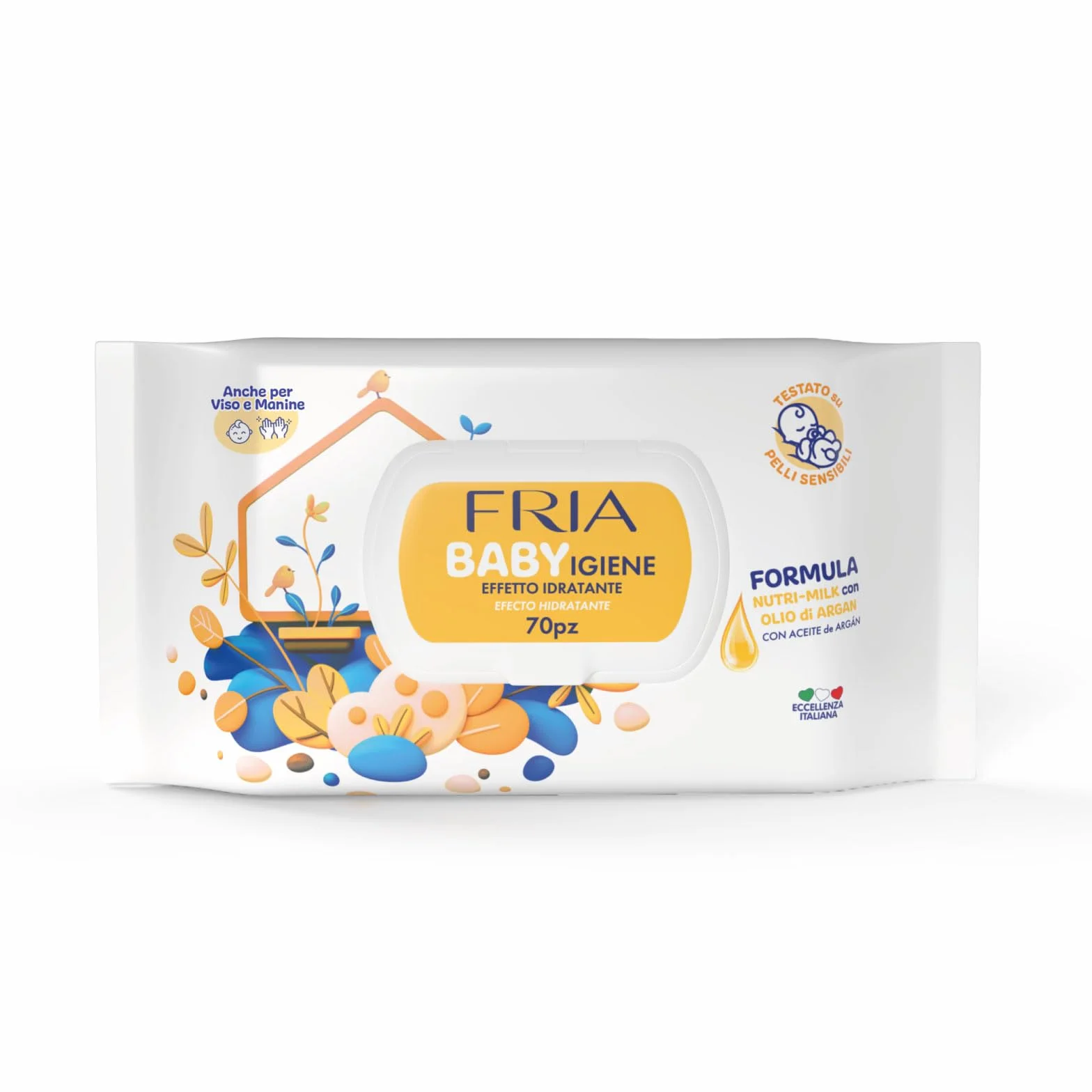 Fria Baby Salviette per Cambio Pannolino con Olio di Argan e Nutrimilk, Idratanti, 70 Pezzi