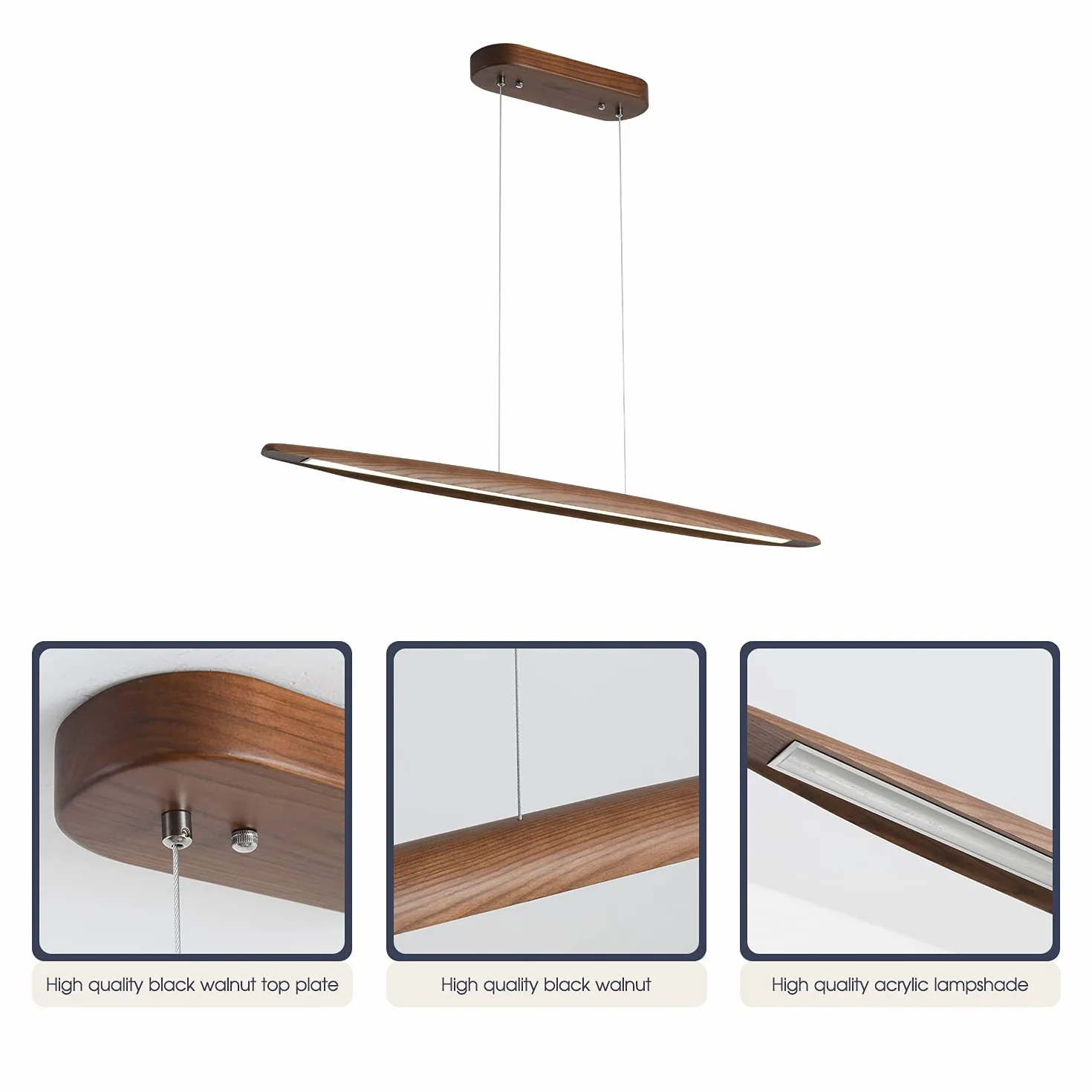 YISDESIGN Lampada a sospensione lineare in legno da 180,3 cm, per sala da pranzo e isola, lampadario lineare a LED dimmerabile, 40 W, colore noce