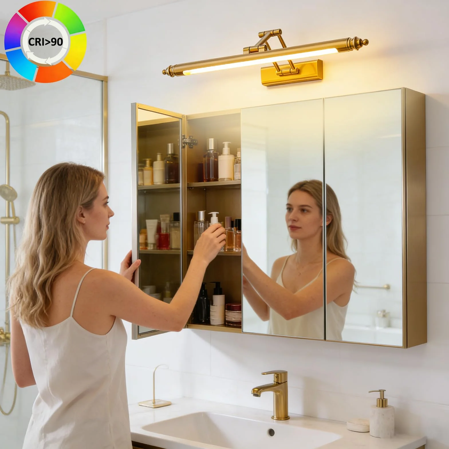 Lampada da Specchio Bagno Vintage, Luce Specchio Bagno LED Ottone Retro, Regolabile Applique in Acciaio Inox, Impermeabile IP44 Bianco Caldo 3000K (60CM12W)