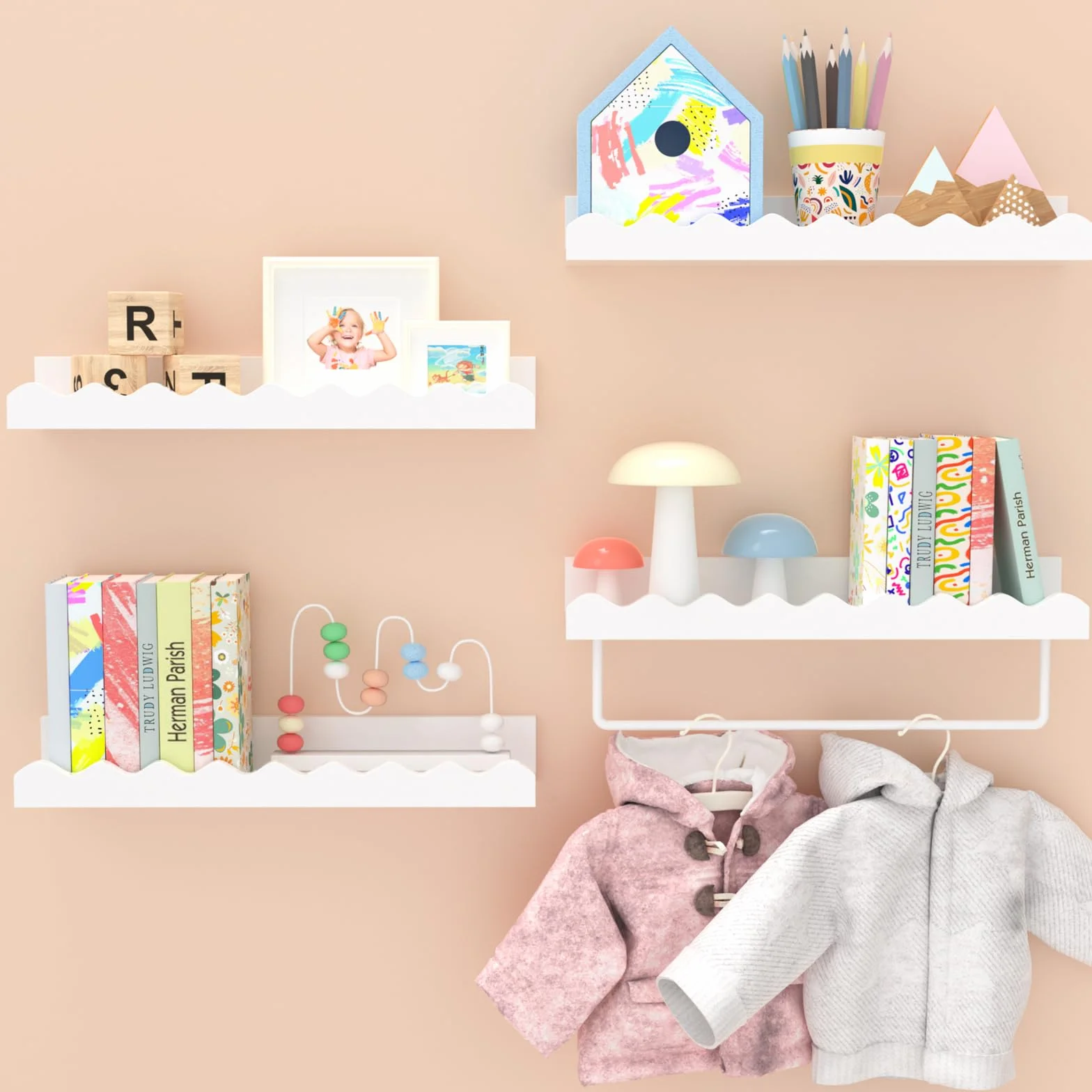 Mensole Galleggianti Legno di Pino per Cameretta Bambina, Bianco, 4 Pezzi