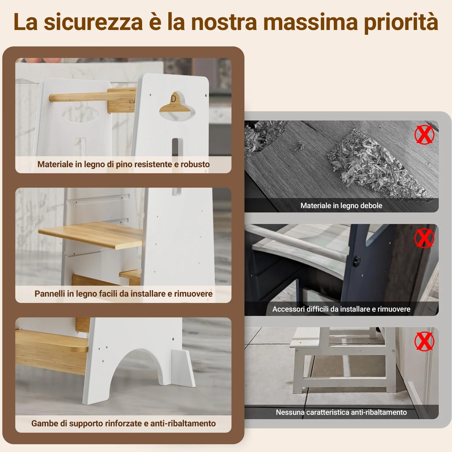 COSYLAND Torre Montessoriana Bambini 1 Anno – Torretta Montessoriana Legno Spesso Regolabile 3 Altezze Bianco Classico Naturale