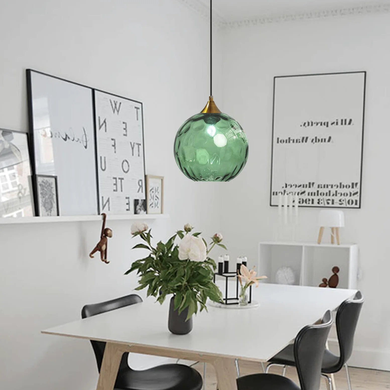 Lampadario a Sospensione a Sfera in Vetro Ondulato con Finitura Oro Lampada a Sospensione a Soffitto Industriale Vintage E27 Per Sala da pranzo Cucina - Verde scuro