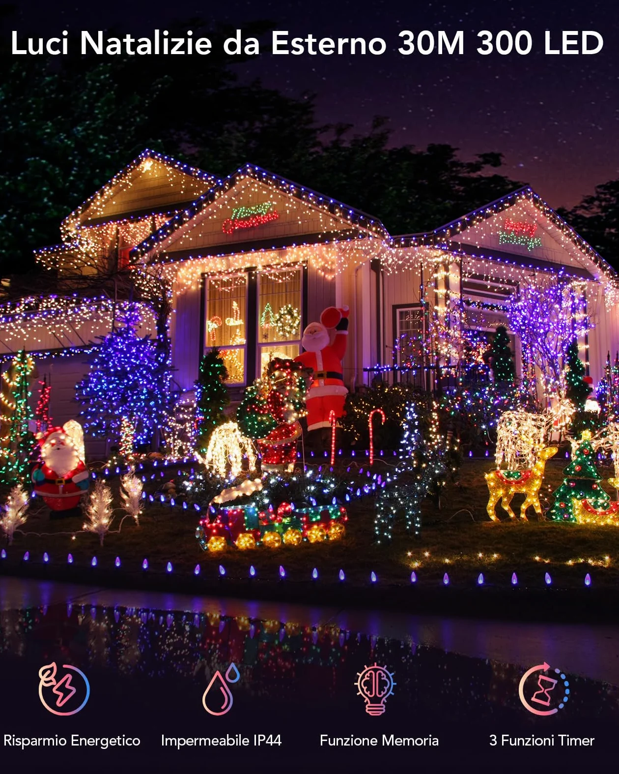 Luci Albero di Natale Colorato e Bianco Caldo 30M 300LED con Telecomando RF,Luci Natale 11 Modalità & 4 Luminosità, Timer e Memoria Luci Esterne Natalizie per Albero Balcone Giardino