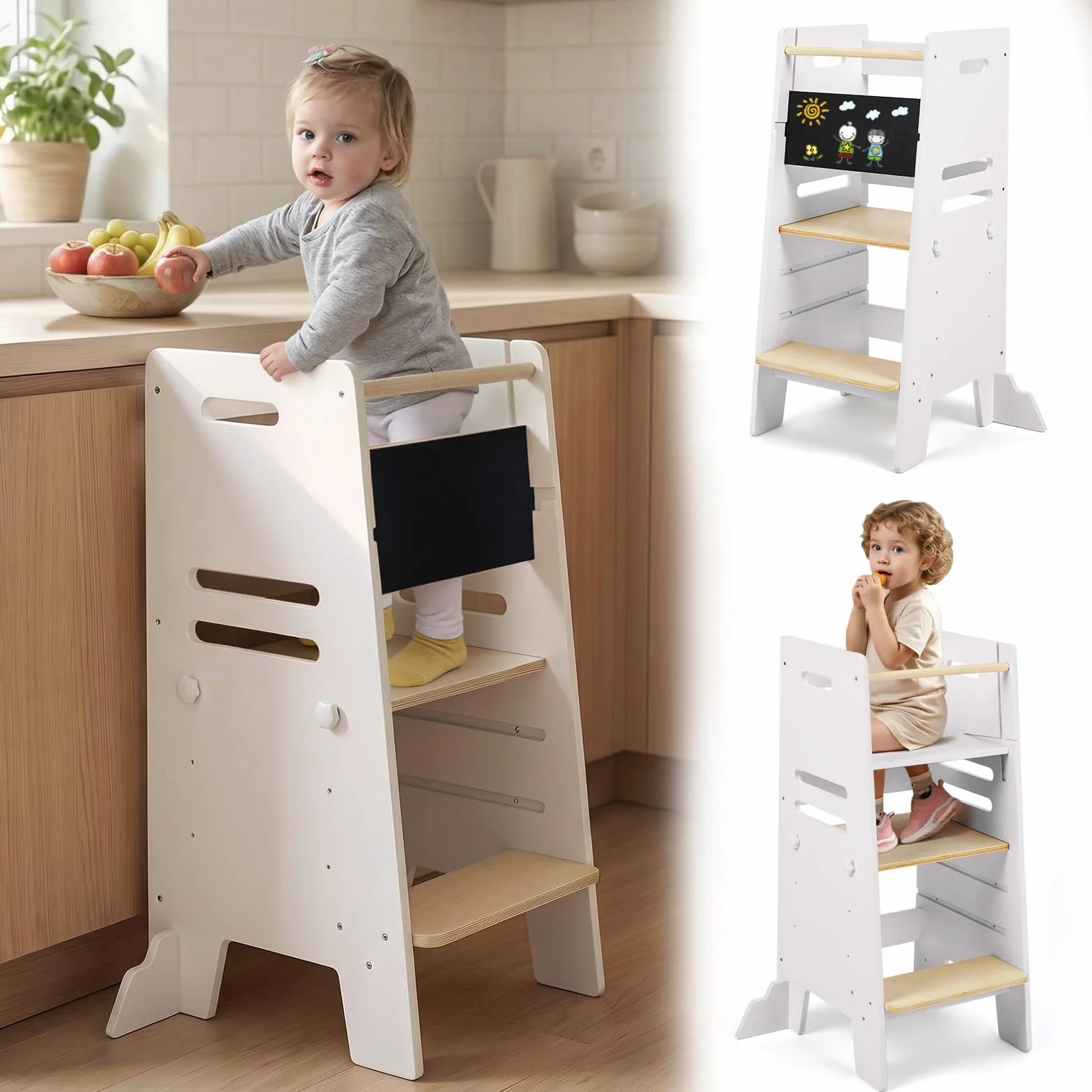 Labebe Learning Tower 3 in 1 con Lavagna e Seduta, Torre Montessori Regolabile in 3 Altezze, Legno
