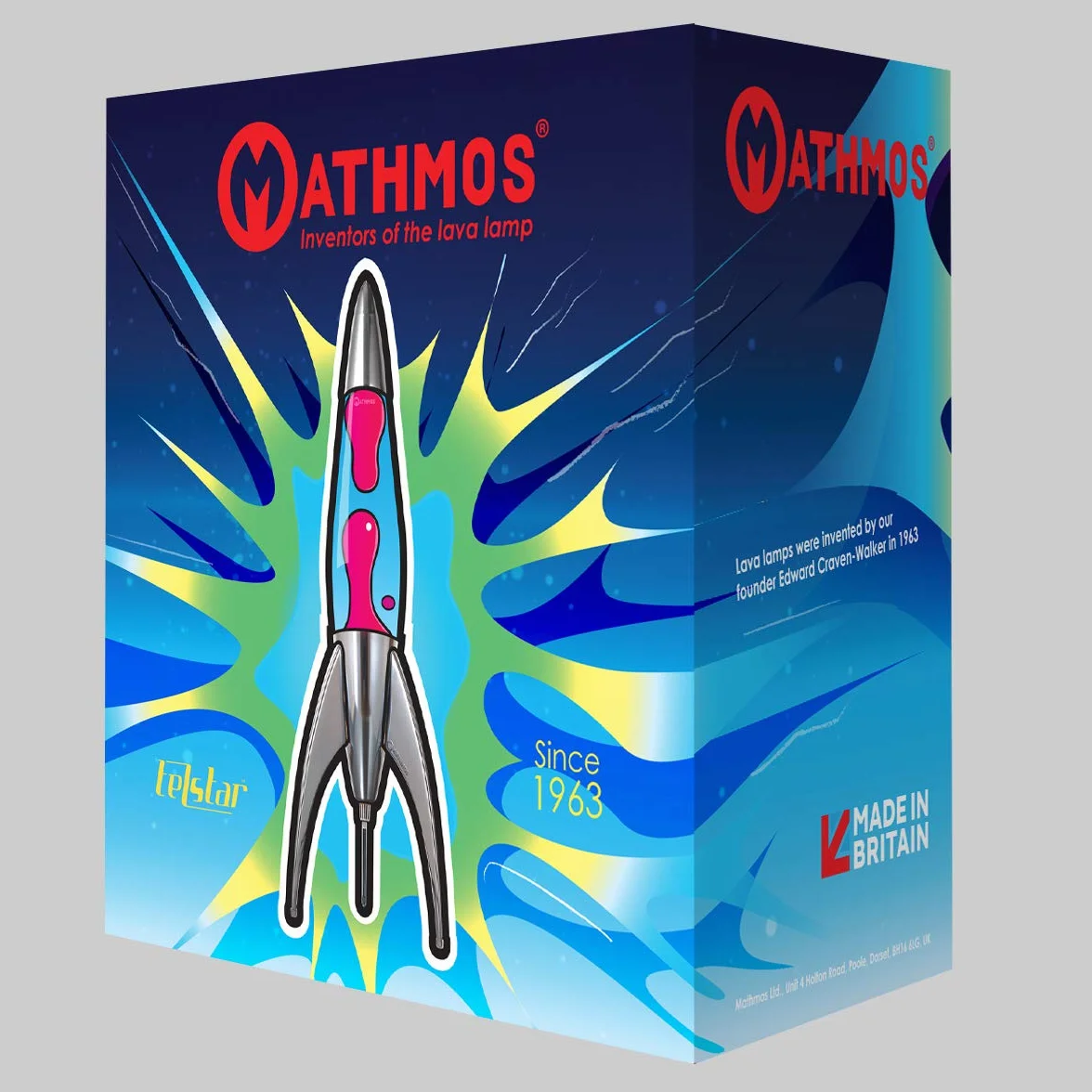 Mathmos Lampada lava razzo Telstar argento Inventori della lampada lava | Lampade Blu e Rosa in metallo fuso cromato, riempite a mano in Gran Bretagna
