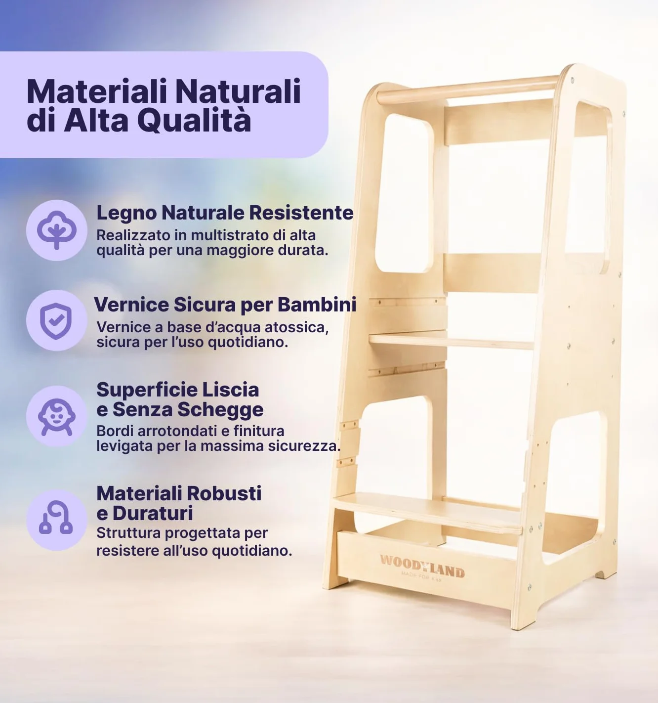 WOODYLAND Torre montessoriana Live, Scala bambini regolabile in altezza, Legno vero 40x39,5x90 cm