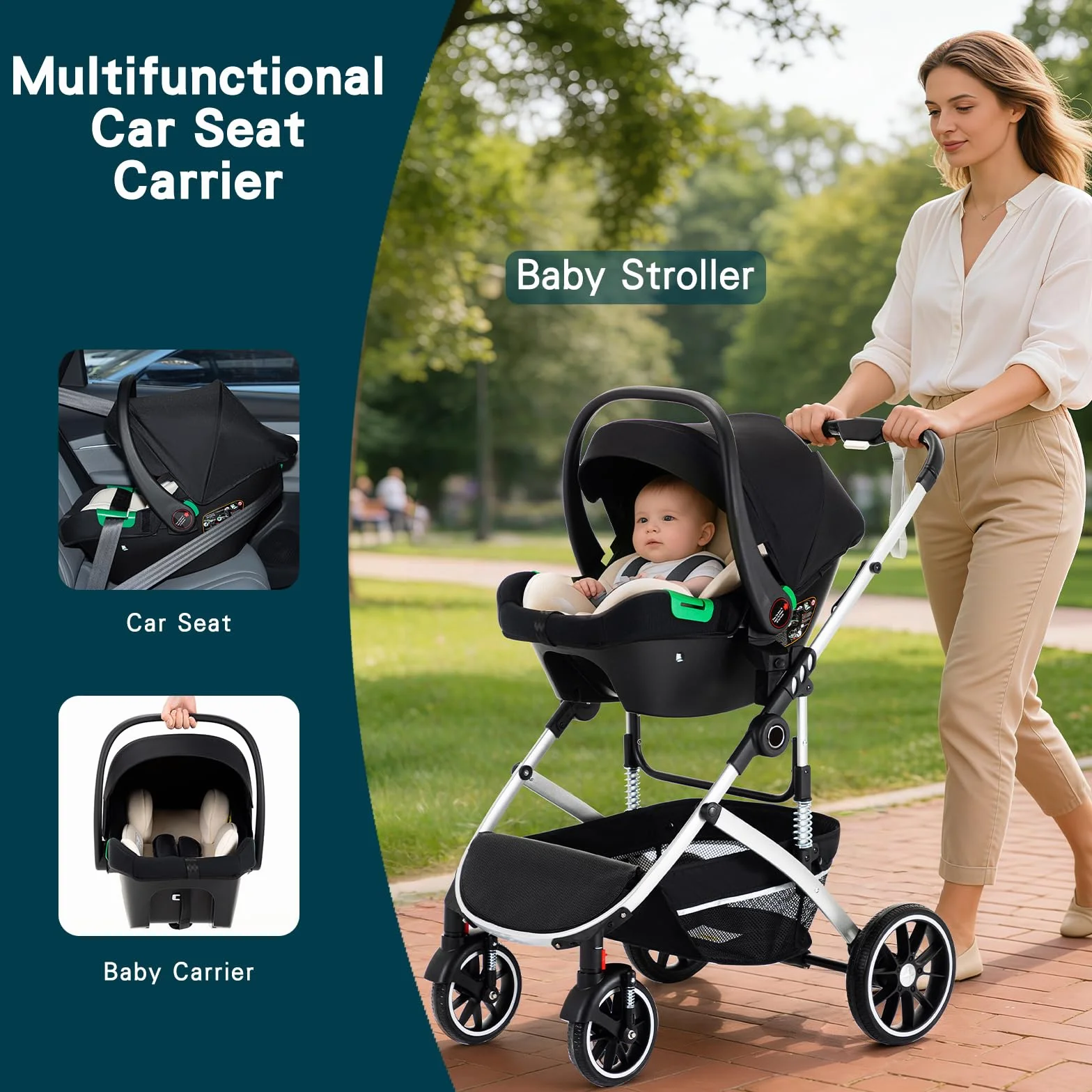 Passeggino 3 in 1 pieghevole per neonati 0-4 anni, sistema viaggio con carrozzina e seggiolino auto, beige