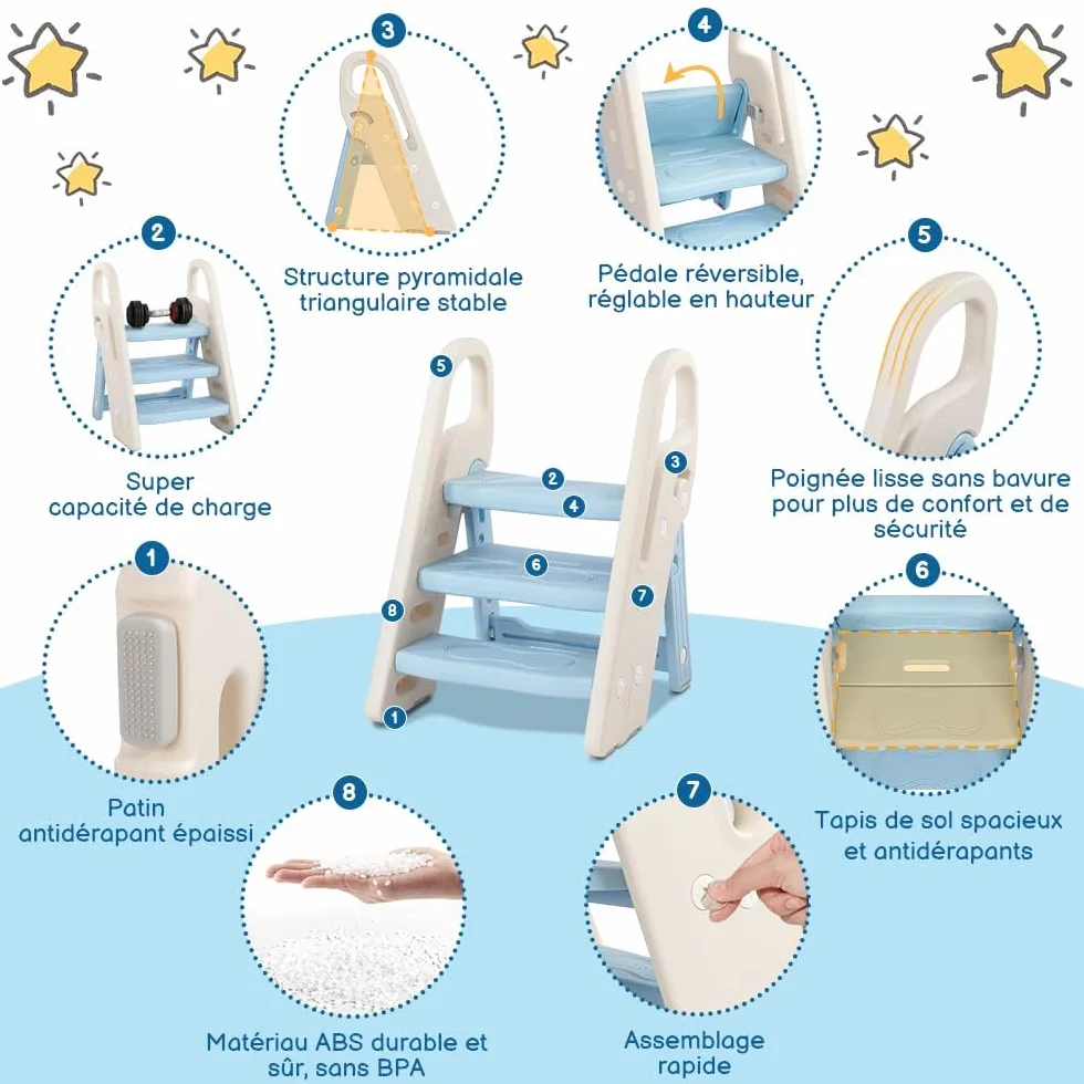 Onasti Sgabello a tre gradini pieghevoli per bambini, Scaletta 3 gradini, Sedile per Addestramento WC, Multifunzione, Regolabile in Altezza, Antiscivolo (Blu)