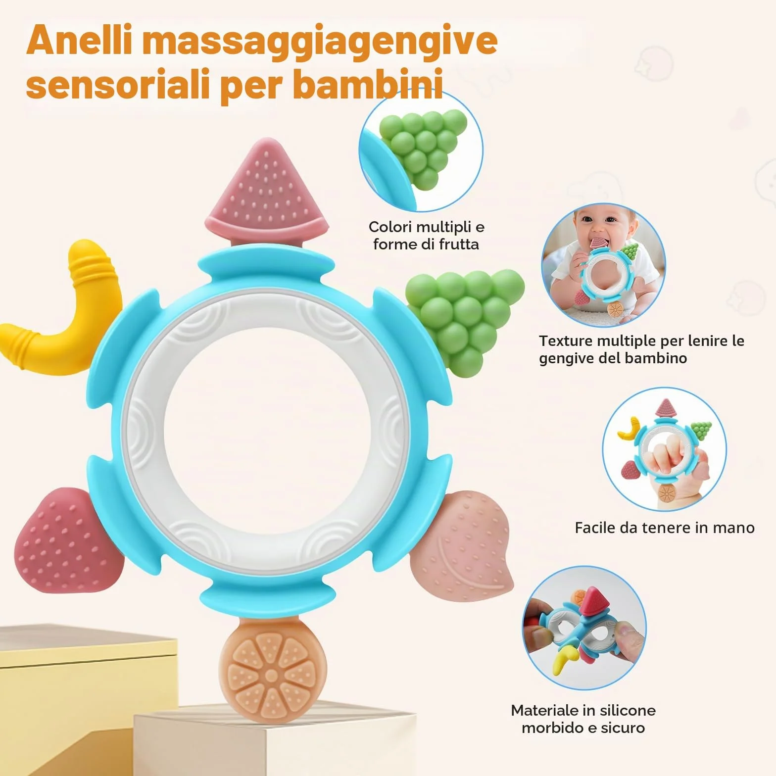 Massaggiagengive Silicone Neonati 0-6 Mesi Dentizione Giochi Sensoriale Bambina Bambino 1 Anno Blu