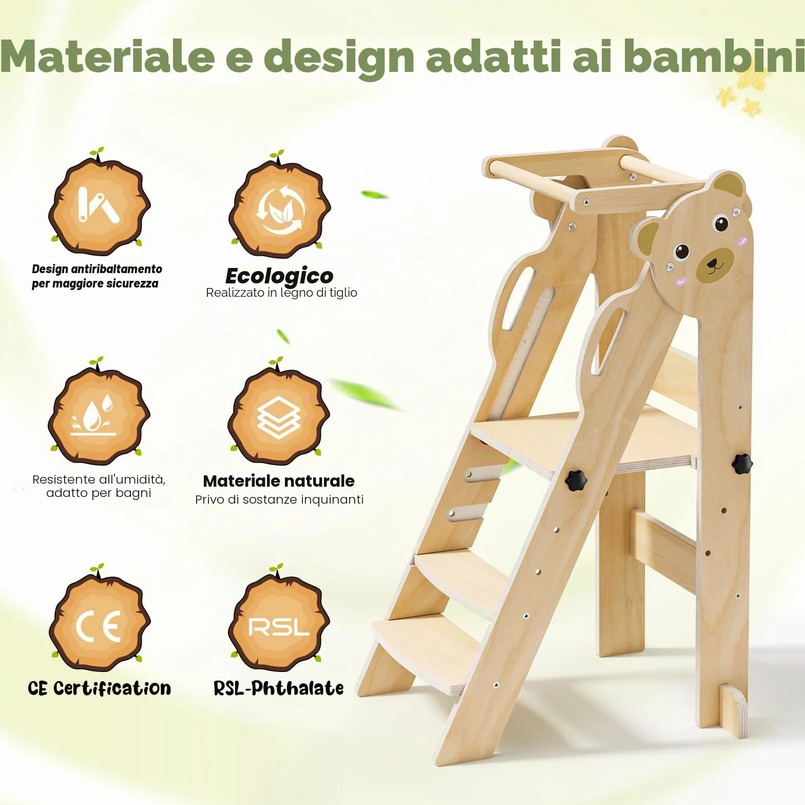 Torre montessoriana pieghevole per bambini, Montessori Learning Tower regolabile in altezza, legno naturale