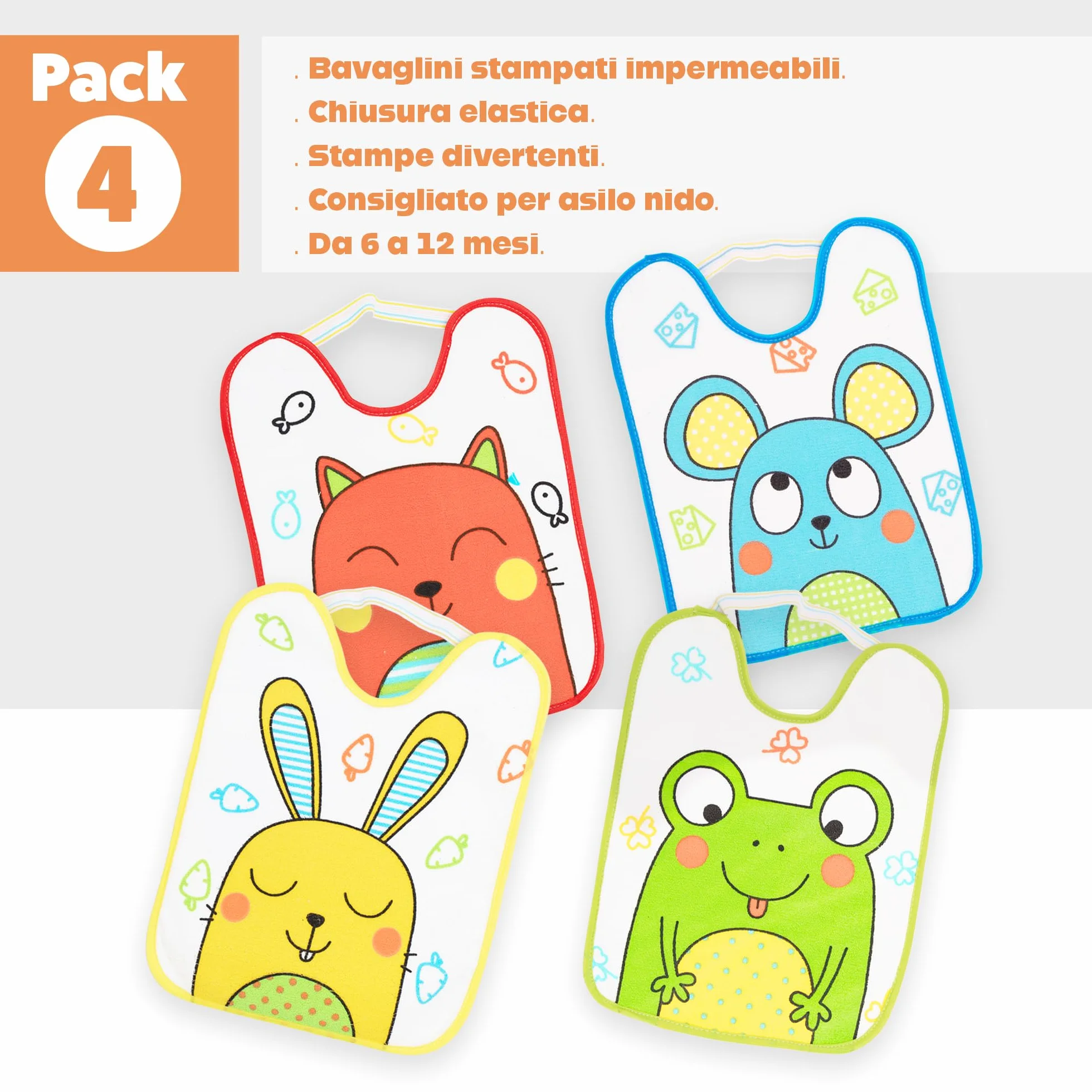 Set di 4 bavaglini per bambini 6-12 mesi microfibra impermeabili 24x31 cm con elastico animali