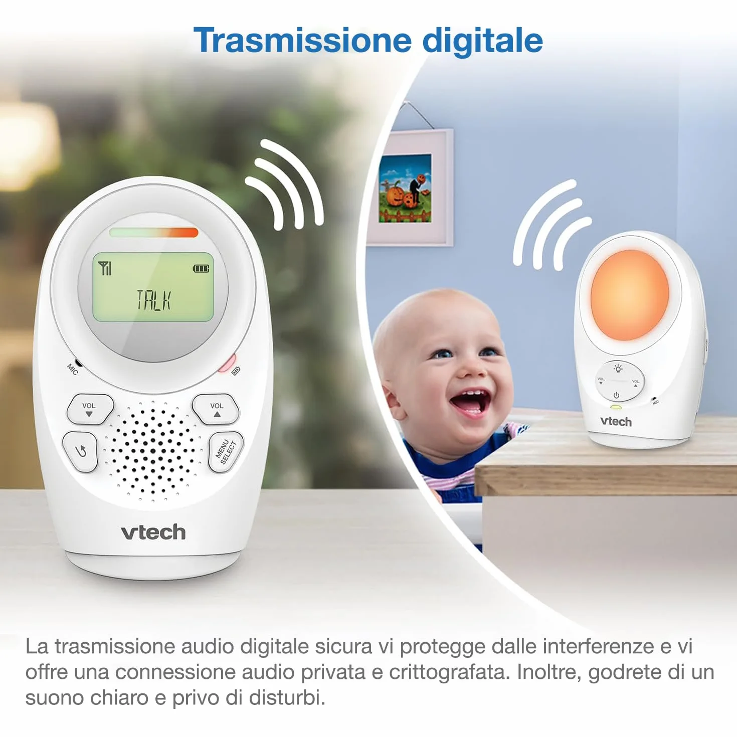 VTech BM1211 Monitor Audio per Bambini, trasmissione sonora chiara, lunga portata, controllo volume 5 livelli, luce notturna, funzione parlare, clip cintura