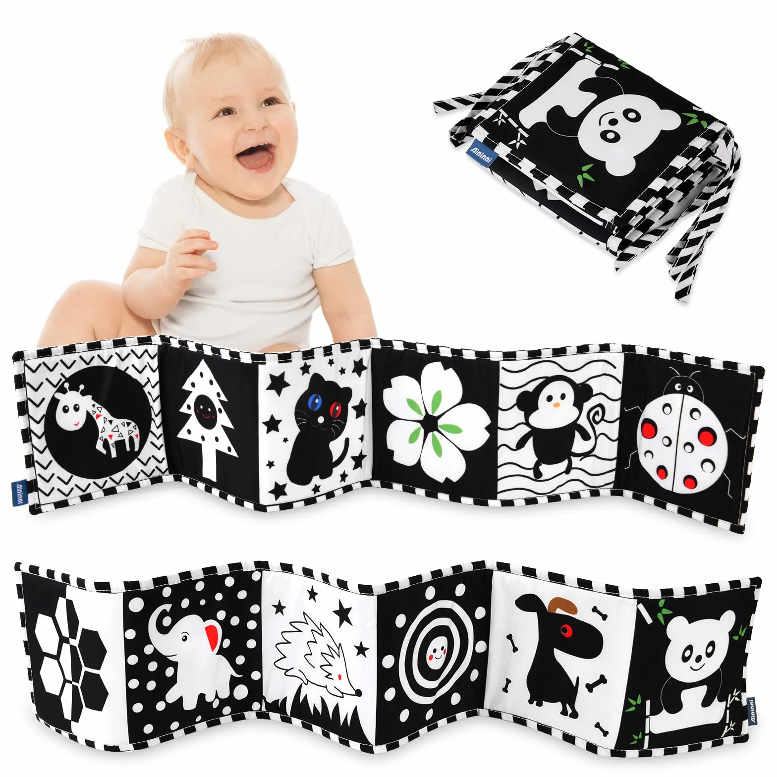 Vicloon Libro di Stoffa per Neonati, Libro Sensoriale, Double Sided con 12 Motivi, Animali, Bianco e Nero