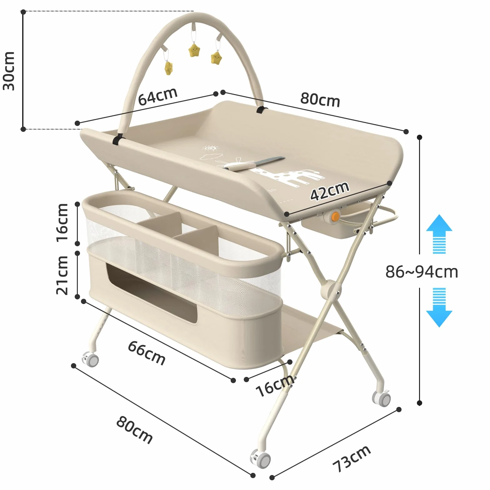 Fasciatoio Neonato Pieghevole Portatile Altezza Regolabile con Ruote Silenziose 360° Bloccabili Bianco Latte 75x68x83-91cm