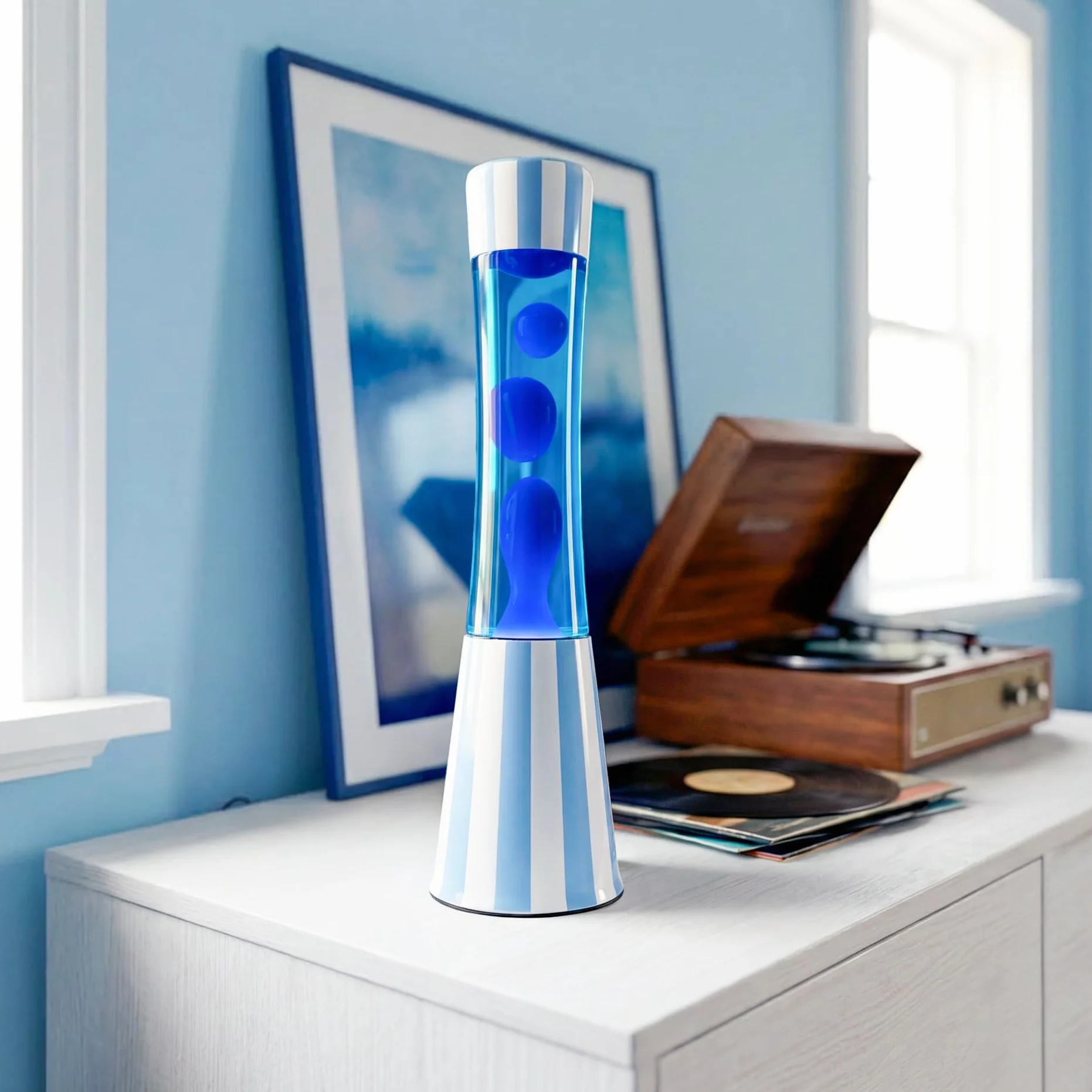 Fisura – Lampe à lave bleue. Lampe décorative relaxante au design original pour maison ou bureau, base à rayures, liquide et lave bleus, ampoule de rechange incluse, 11 x 11 x 39,5 cm