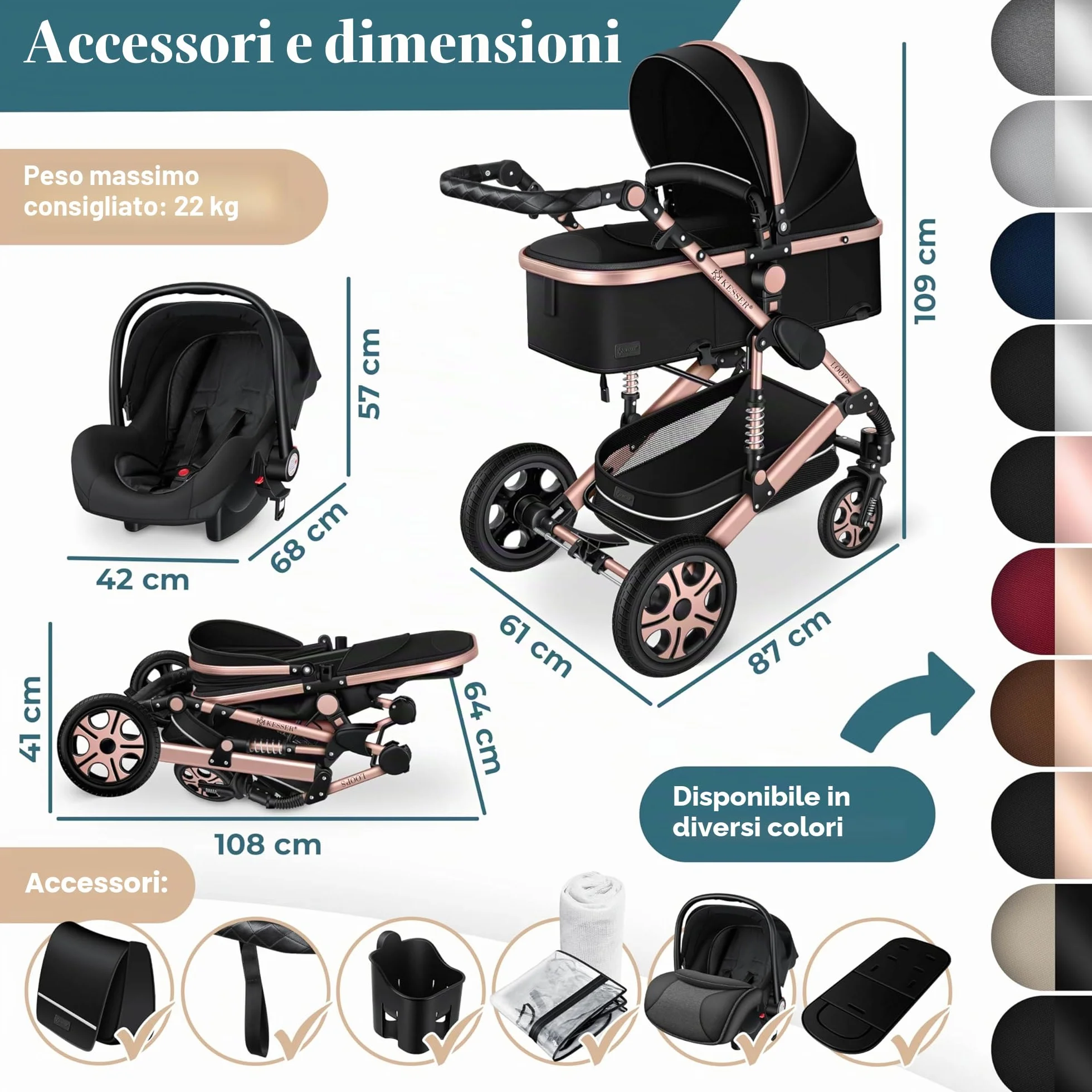 KESSER Carrozzina 3in1 Loops, Combinata con navicella, Seggiolino auto, Nero/Oro Rosato