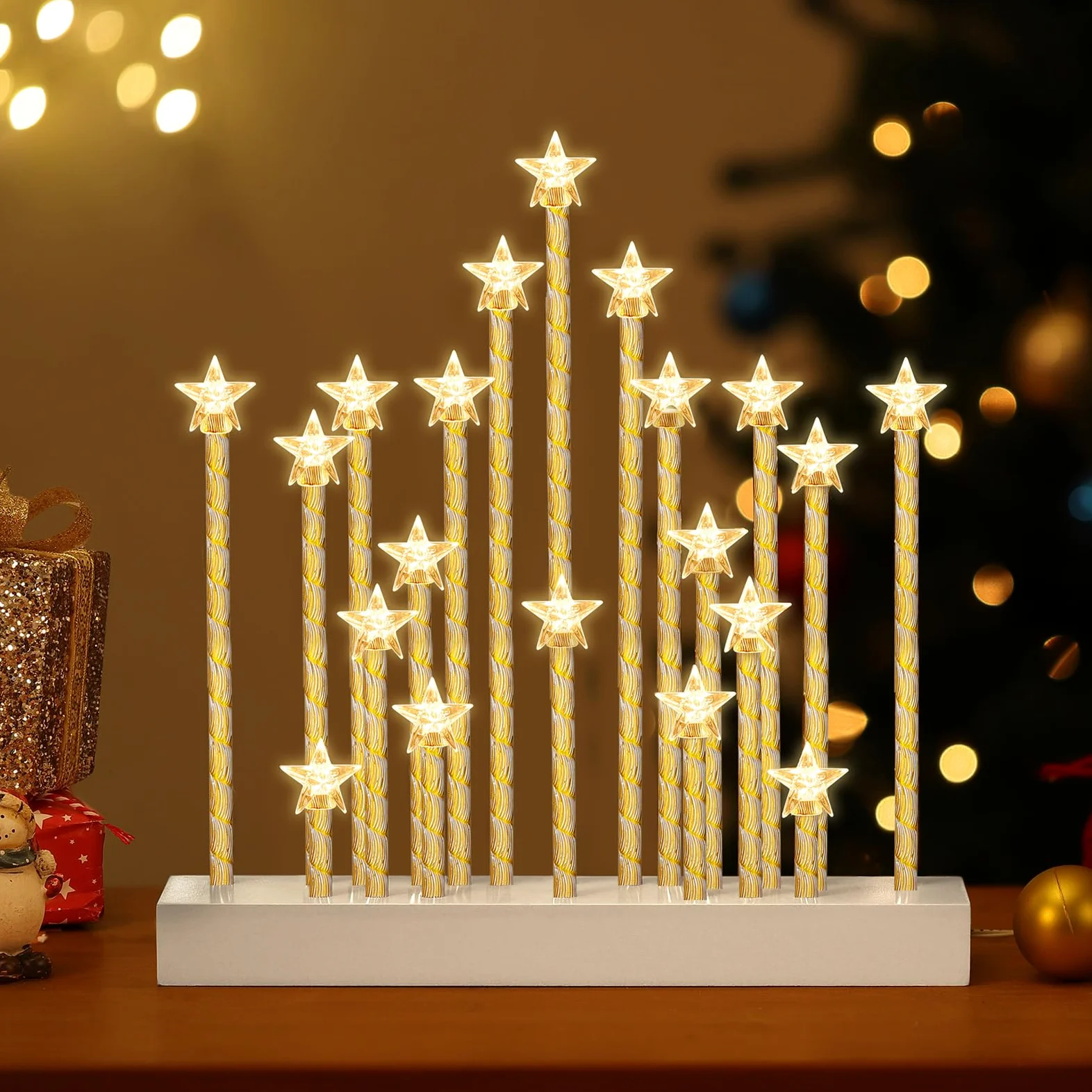 Lewondr Candelabro Svedese di Natale, Candele Senza Fiamma Stella con 20 LED Taper Candele Elettriche, USB Powered Candela Finestra di Natale per la Decorazione di Natale Regalo di Nozze, Bianco