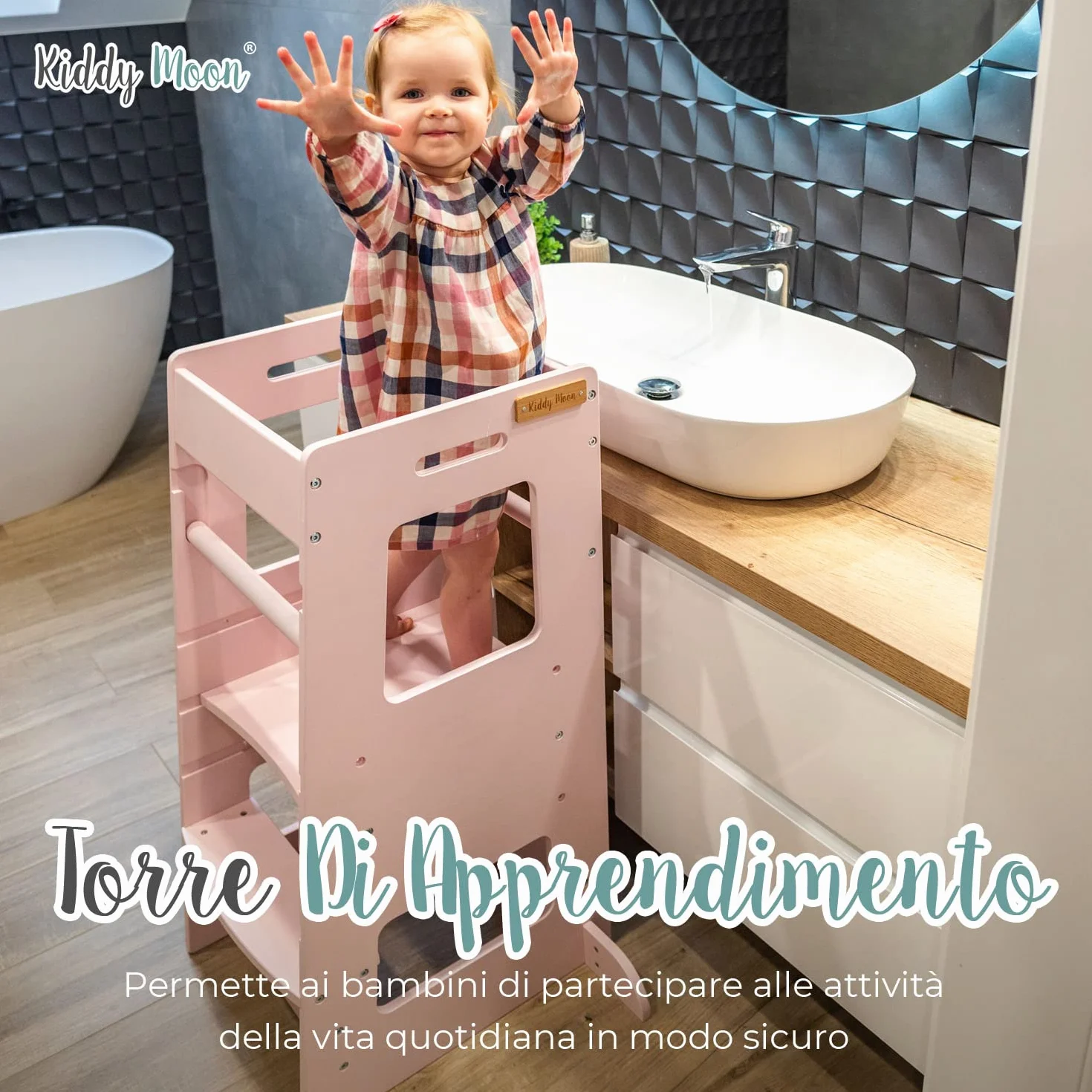 KiddyMoon Torre Montessori Bambini, Learning Tower Cucina, Pedana Regolabile 3 Altezze, Bianco