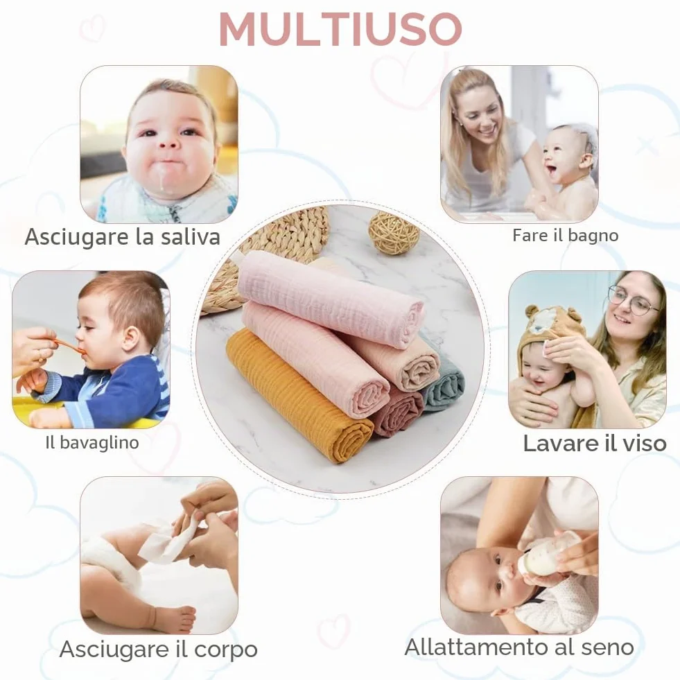 Mussole Neonato 30x30cm Cotone 4 Strati 6 Pezzi Aolso