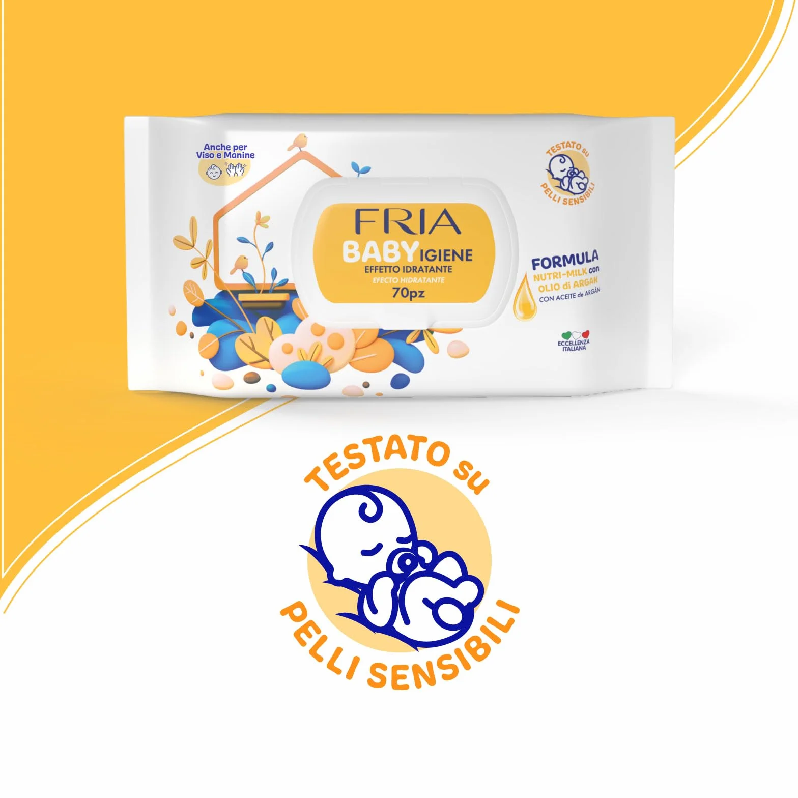 Fria Baby Salviette per Cambio Pannolino con Olio di Argan e Nutrimilk, Idratanti, 70 Pezzi