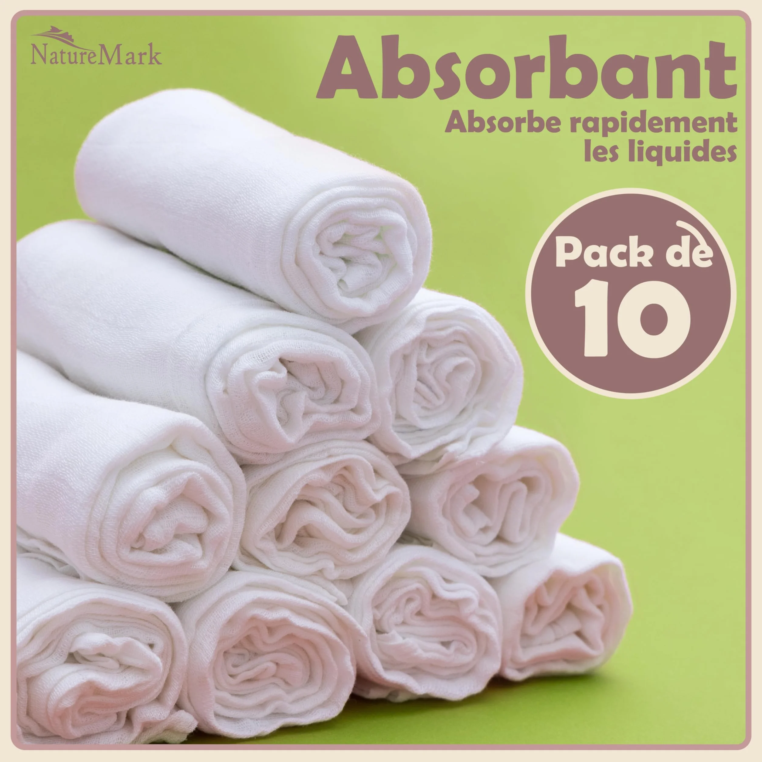 NatureMark Set da 10 Panni in Mussola per Bambino 100% Cotone 70x70 cm Bianca