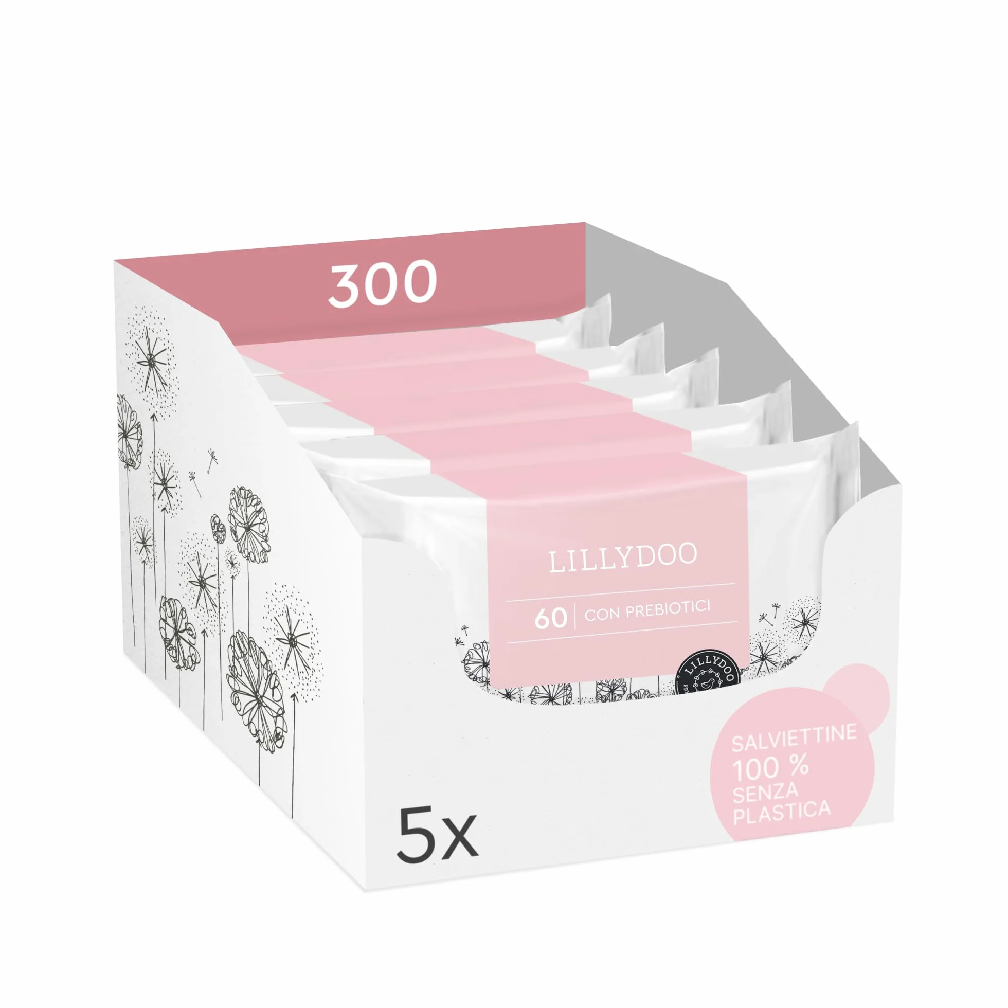 LILLYDOO Salviettine con Prebiotici 300 pezzi (5x60) Extra delicate senza profumi tessuto senza plastica