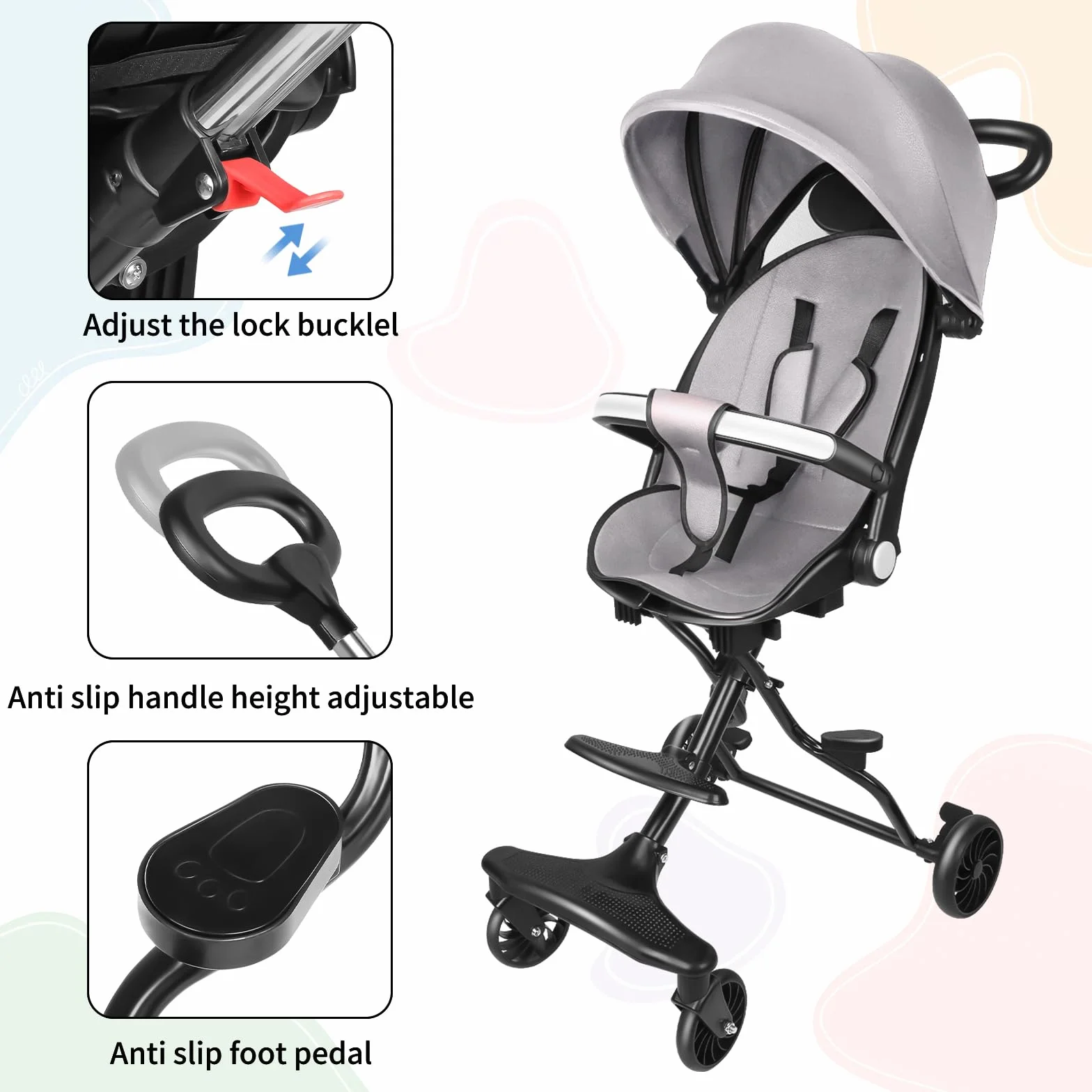 OHMG Passeggino compatto pieghevole 25 kg con sistema trolley cappottina estensibile 0-4 anni 5 kg