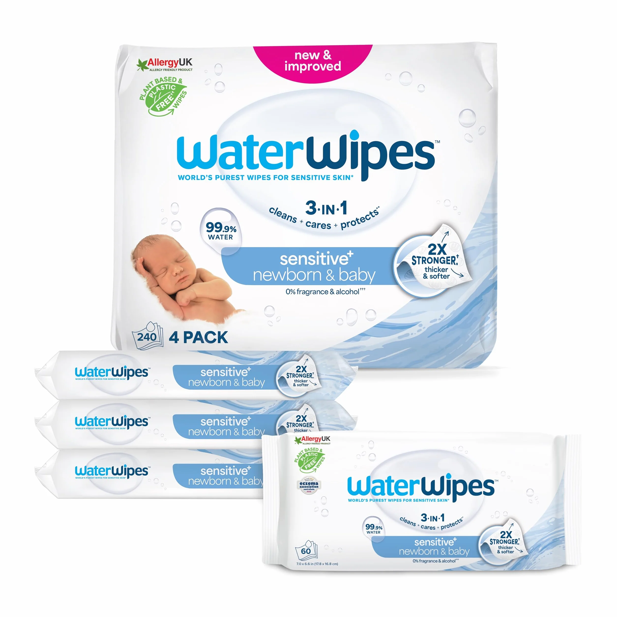 WaterWipes Salviettine Neonati 240 Pezzi 4 Confezioni 99,9% Acqua Senza Profumo