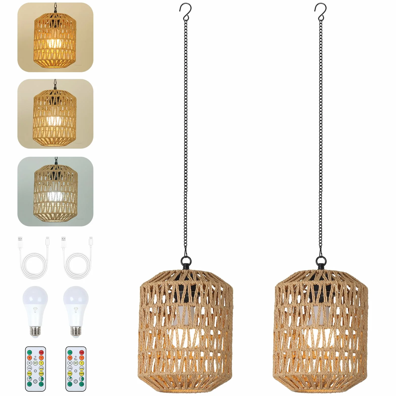 Rayofly 2 Pezzi Lampada a Sospensione Ricaricabile per Interni, Luce a Pendente Boho con Batteria, Lampada Pendente in Rattan senza Attacco Elettrico, Luci da Parco per Esterni con Bulbo e Telecomando