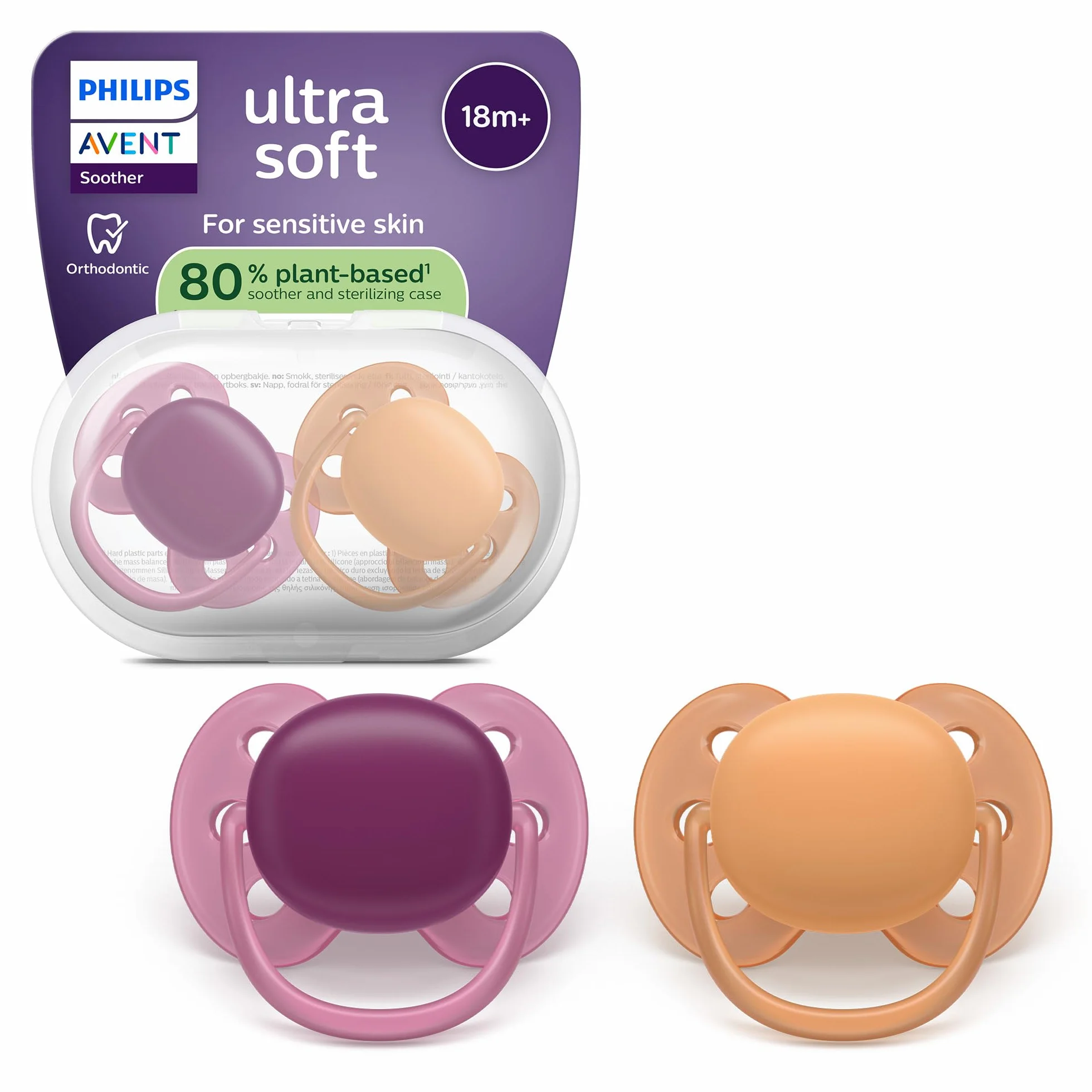 Philips Avent Ultra Soft Ciuccio ortodontico 18 mesi+ scudo flessibile tettarella simmetrica silicone senza BPA confezione da 2 SCF093/03