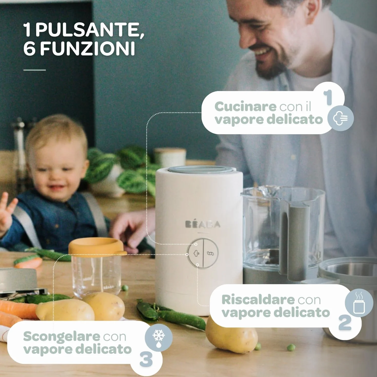BÉABA Babycook Néo Cuocipappa Omogeneizzatore 6 in 1 Cottura a Vapore Delicata Bicchiere Vetro Acciaio Inox Bianco
