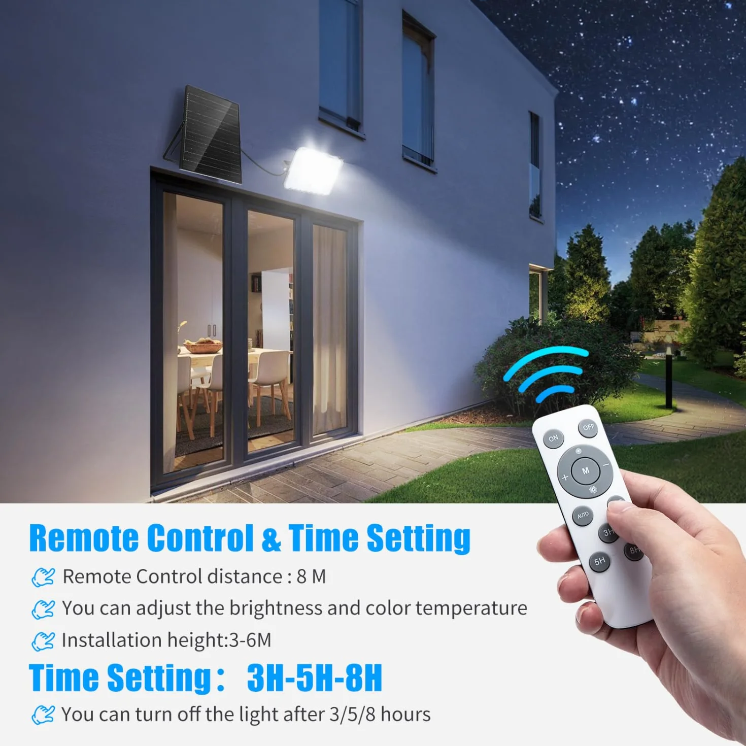 Aigostar- Faro led esterno con grande pannello solare，dimmerabile 3000/4000/6500K，16000mAH，Batteria di grande capacità，IP66，Faretto led da esterno solare con telecomando per esterno e giardino