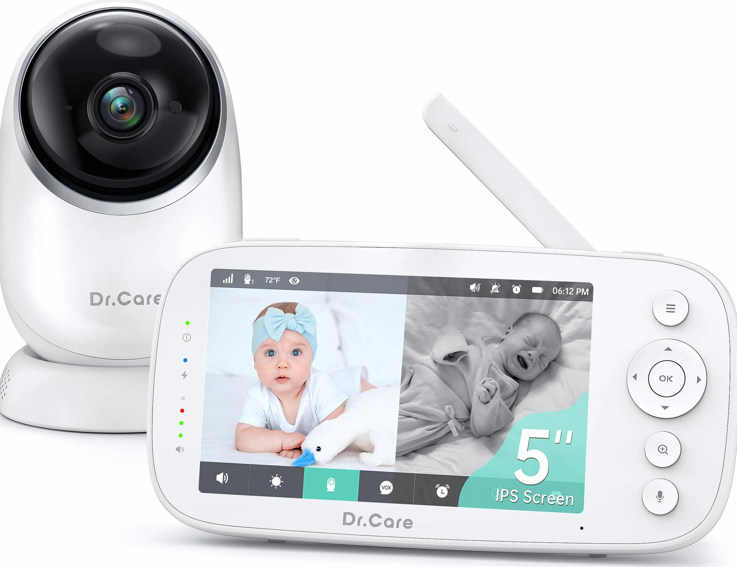 Dr.Care Baby Monitor 5" HD 1080P Senza WiFi Bassa Radiazione Visione Notturna Rotazione 360° Batteria 5000 mAh VOX