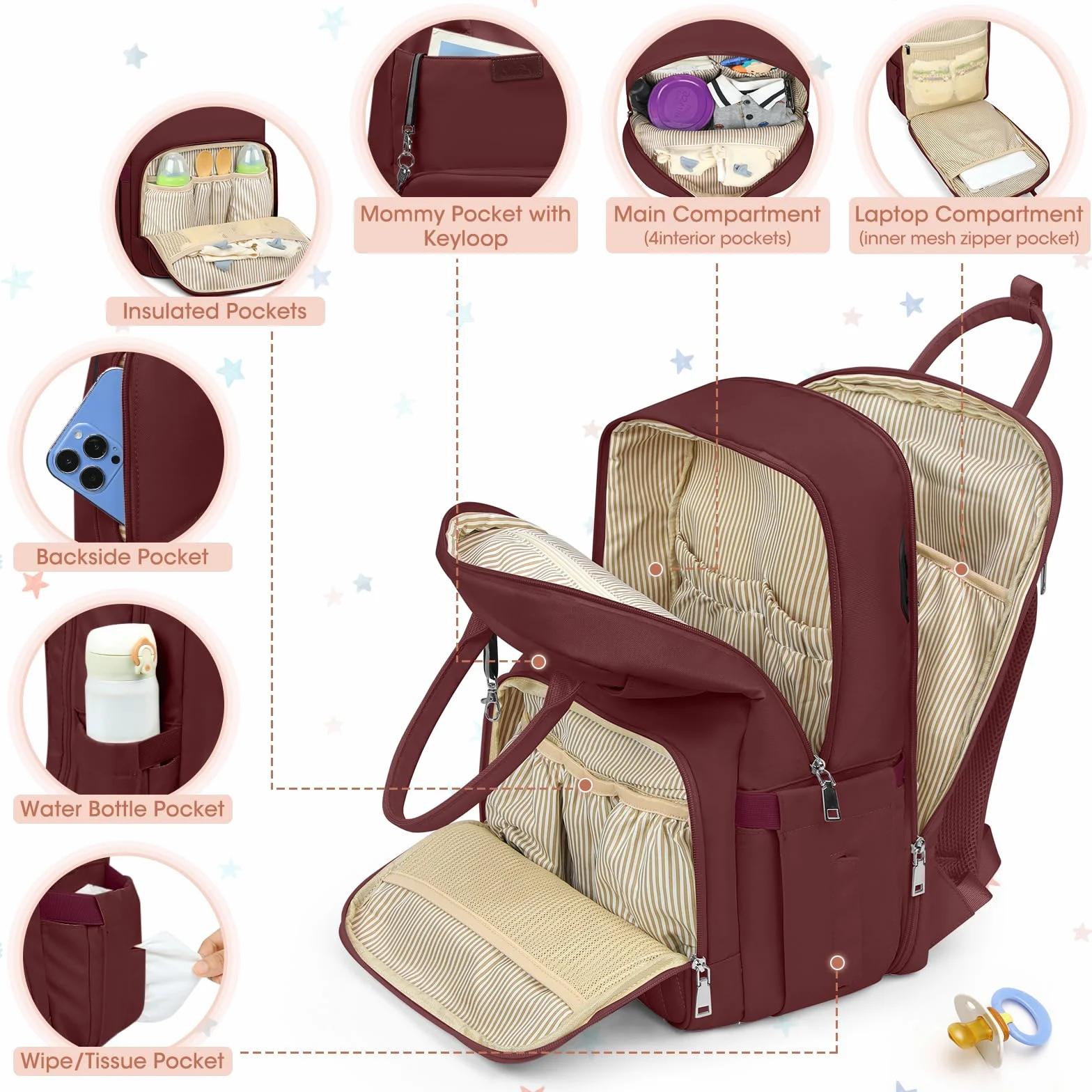 RAINSMORE Zaino Mamma Impermeabile Multifunzione Fasciatoio Grande Capacità Borsa Neonato con Ganci per Passeggino Rosso