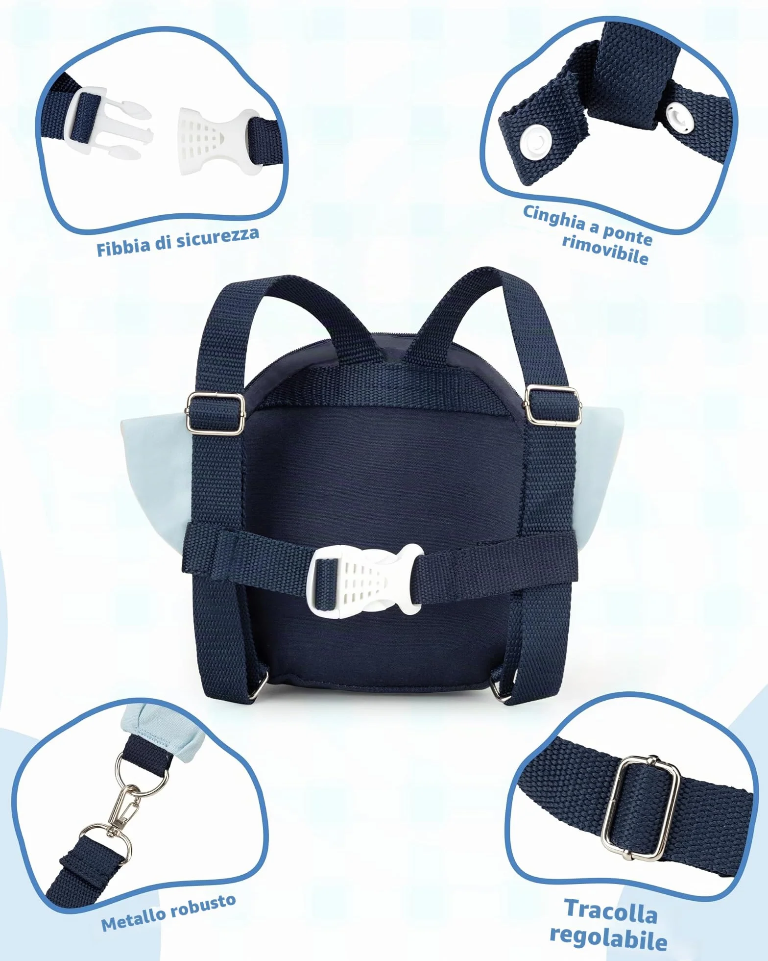 3 in 1 Regolabile Guinzaglio Zaino per Bambini con Guinzaglio Anti-smarrimento da Polso, Sicuro per 1-3 Anni, Blu