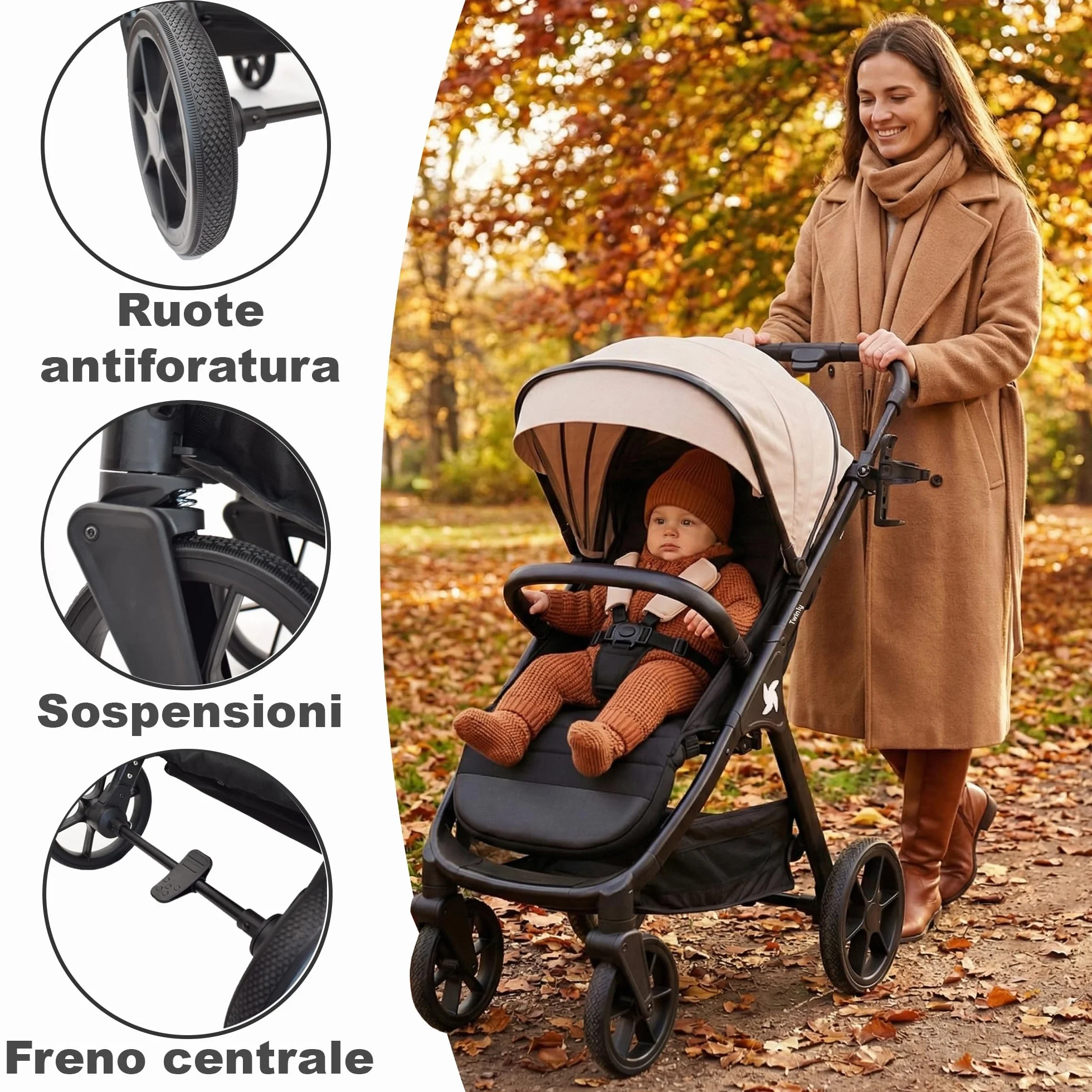 Passeggino Leggero 25 kg Portata, Pieghevole ad una Mano, Seduta Ampia, Ruote Grandi Ammortizzate, Cappottina XXL e Parapioggia Nero