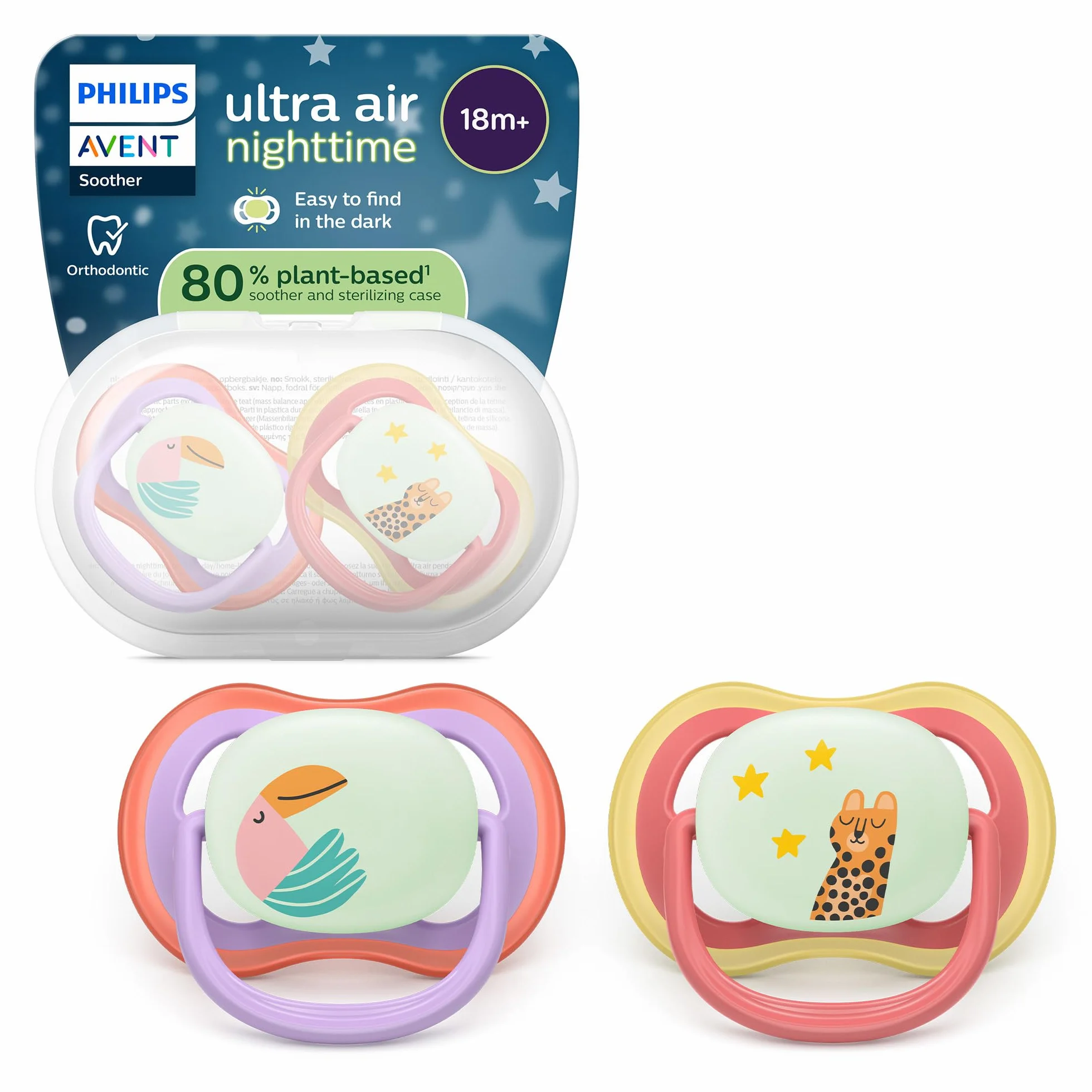Philips Avent chupetes ultra air noche diseño anatómico bebés 18 meses brillo oscuridad tetina simétrica silicona extrafirme sin BPA paquete 2