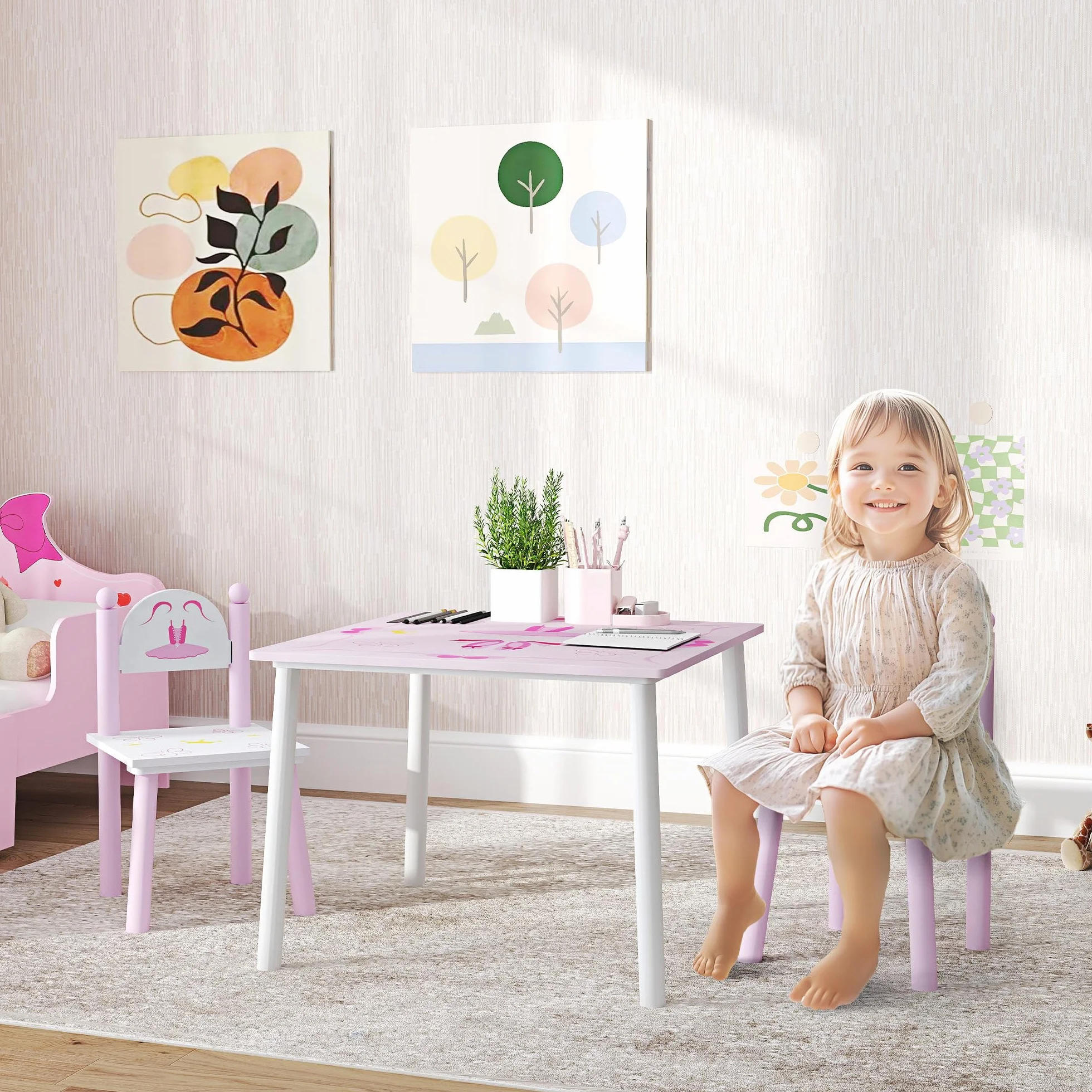 AIYAPLAY Tavolo e sedie per bambini 3 pezzi stile principessa Rosa e bianco