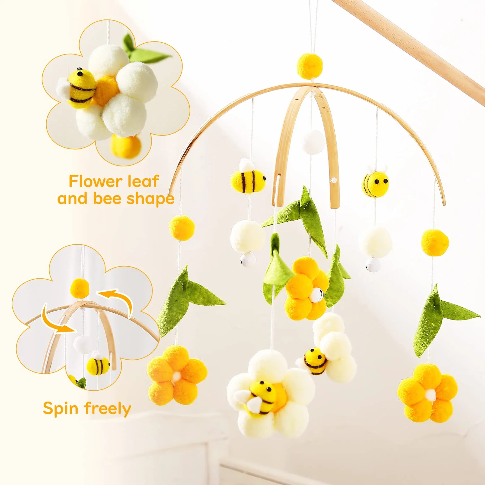 Culla Neonato in Legno con Palline di Feltro, Api e Fiori, Campanelli Eolici per Mobile, Decorazioni Cameretta 0+ Mesi