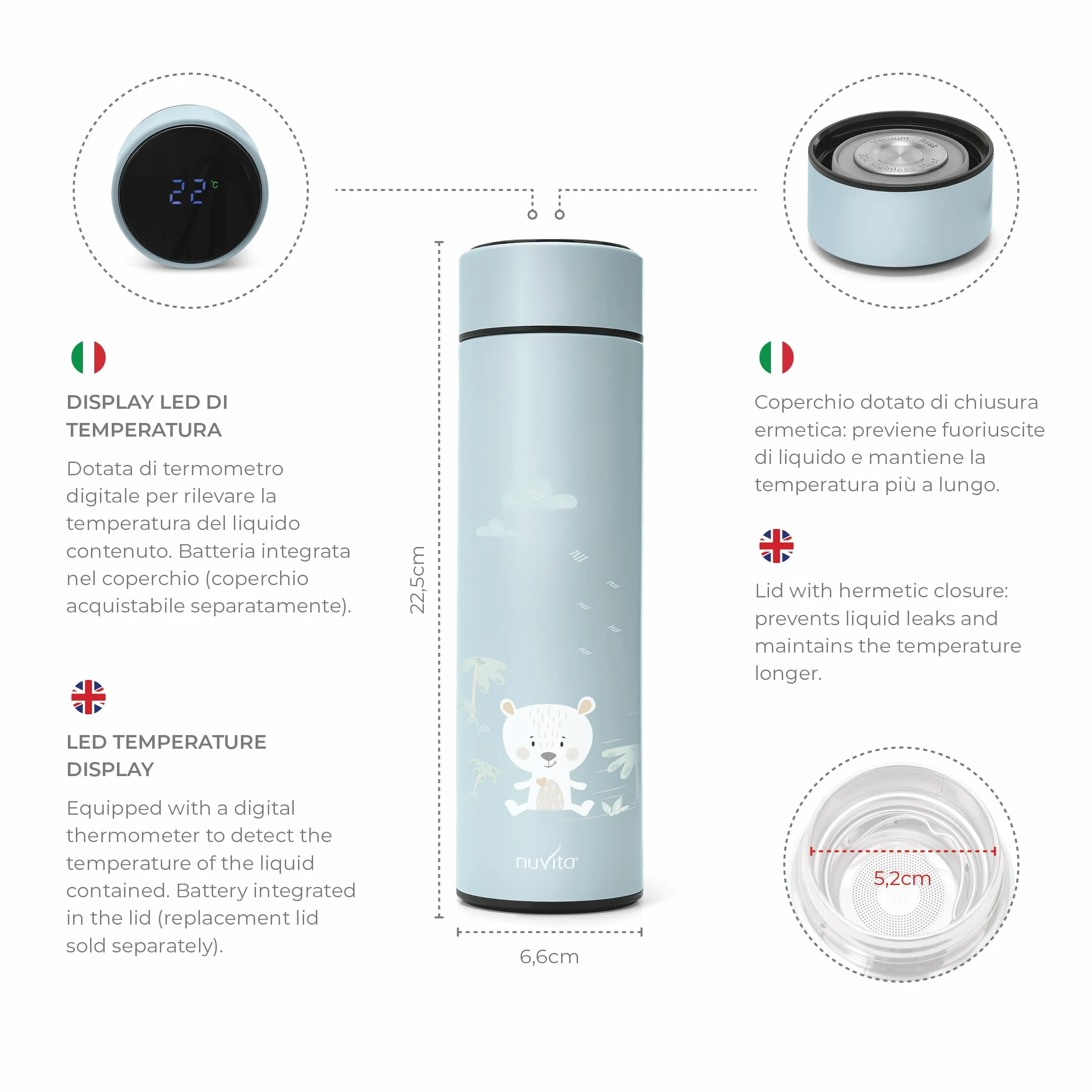 Nuvita Contenitore Termico per Alimenti Digitale Thermos Alimenti Caldi e Freddi Sage Green