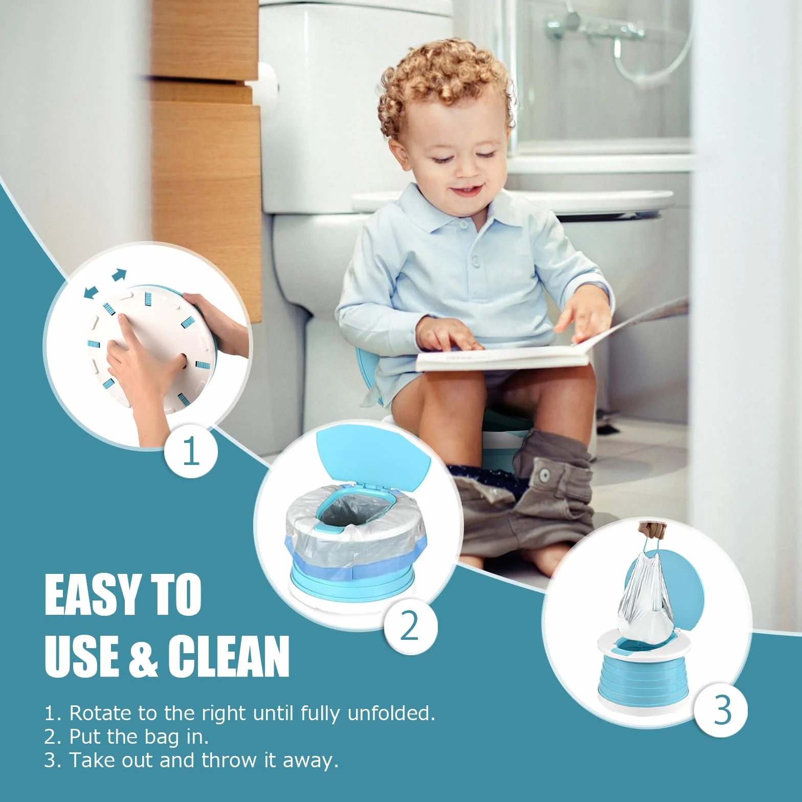 Vasino Portatile Pieghevole per Bambini WC da Viaggio con 15 Sacchetti per Campeggio Indoor Outdoor