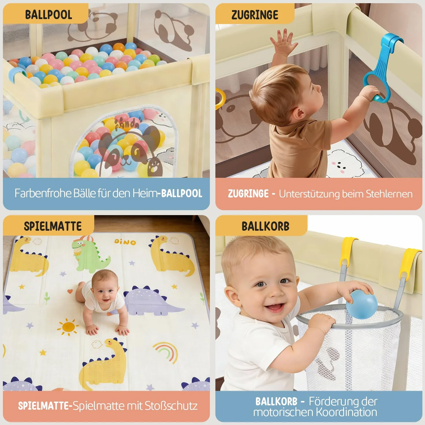Box Bambini 120x120 con Tappeto, Panda Beige, Tessuto Oxford, Sicurezza Antiscivolo