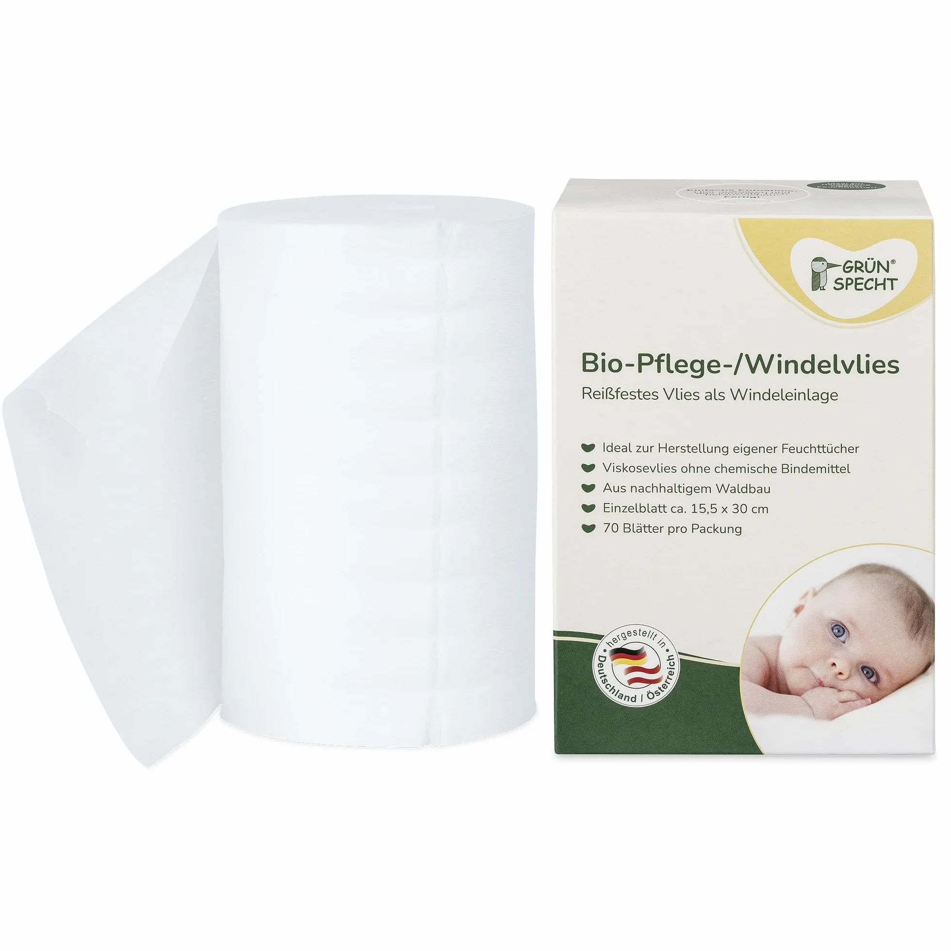 GRÜNSPECHT Tessuto non tessuto biologico per pannolini, 100% biodegradabile, assorbente, 70 fogli (699-00)