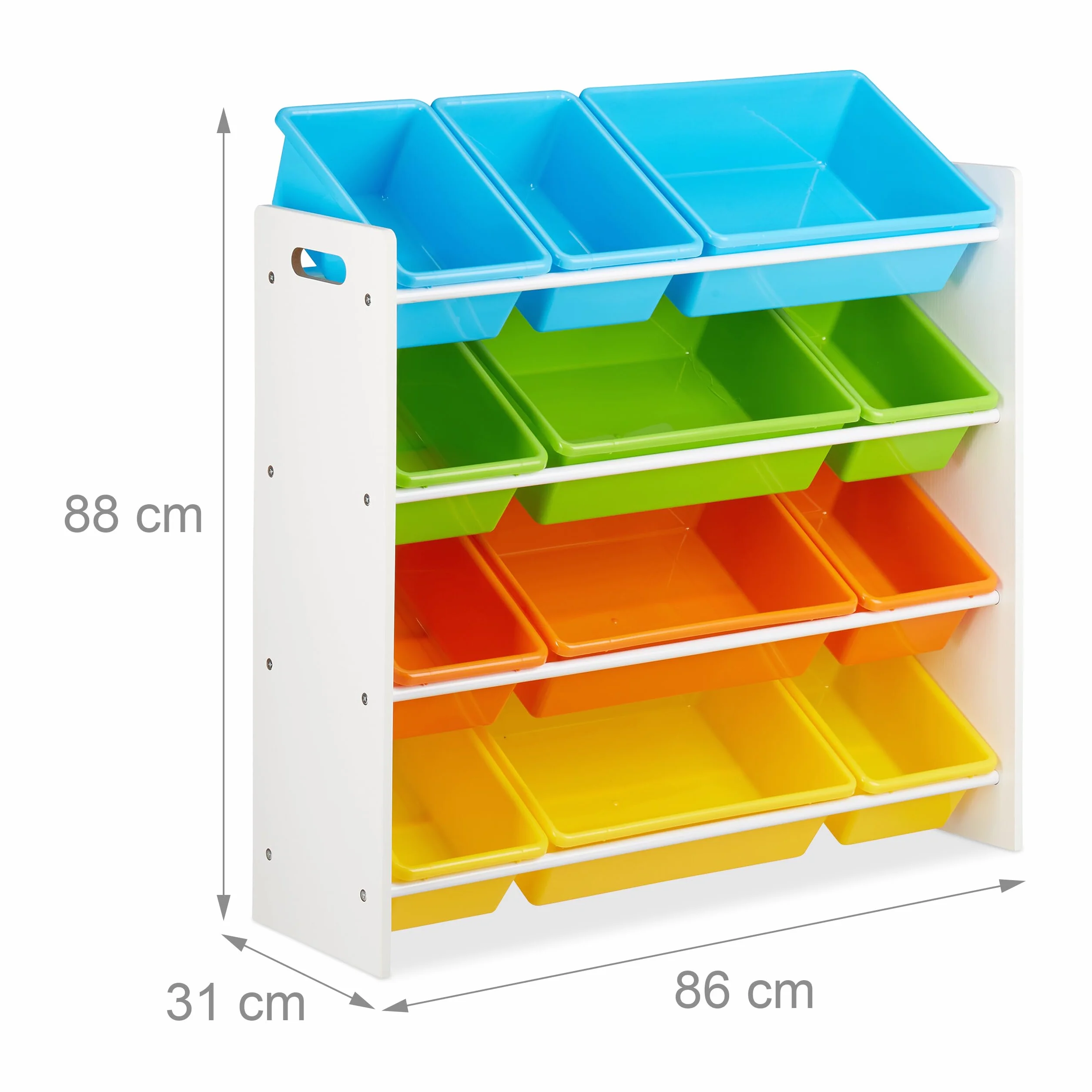 Relaxdays Scaffale per Bambini con Box Porta-Giochi, Contenitori Colorati per Giocattoli, MDF+Plastica, 88x86x31 cm