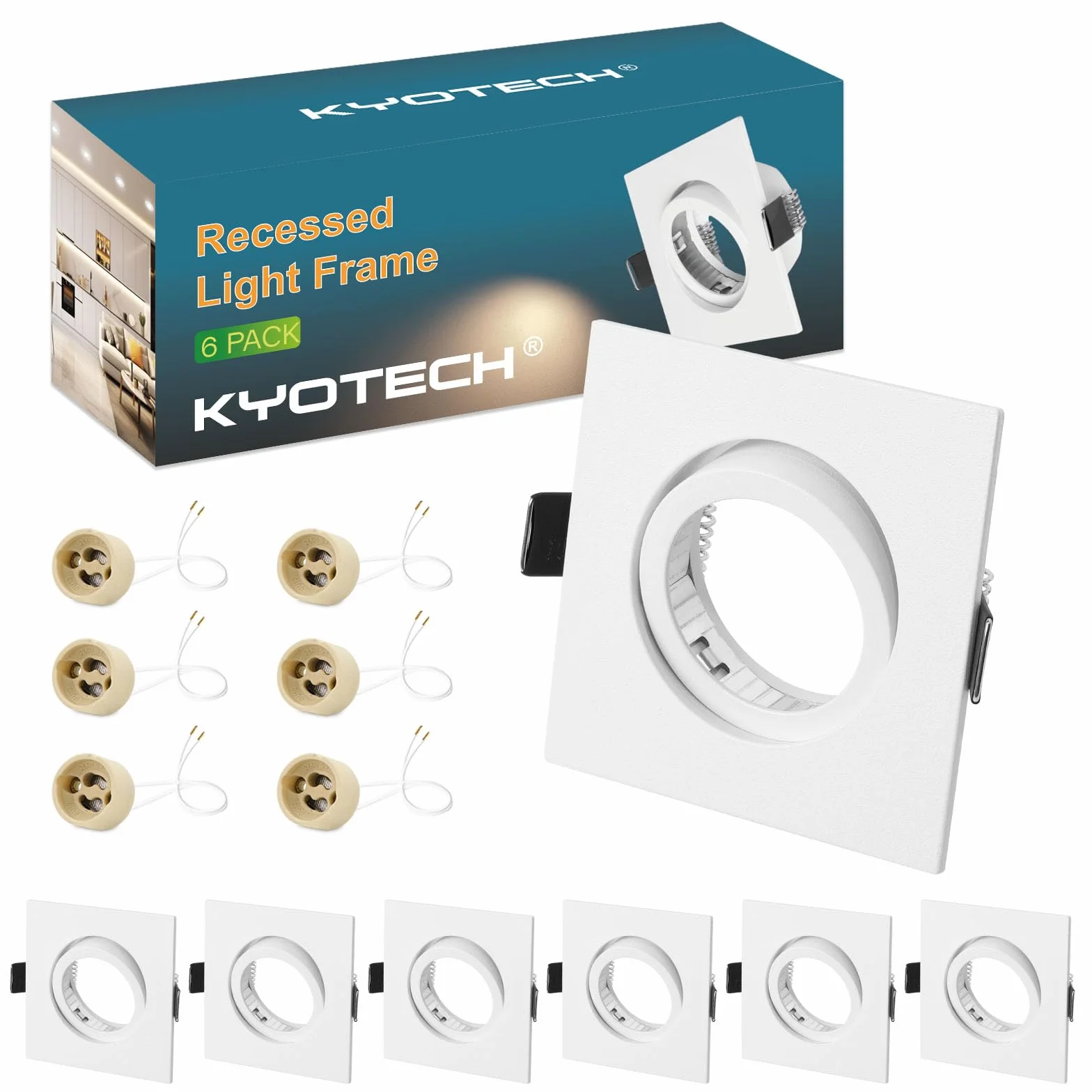 KYOTECH Cornice Faretto Incasso GU10 Orientabile Portafaretto da Incasso Bianco,Per GU10, alogeno e MR16, Faretti led da incasso per cartongesso incl. portalampada,Set da 6 (Quadrata)