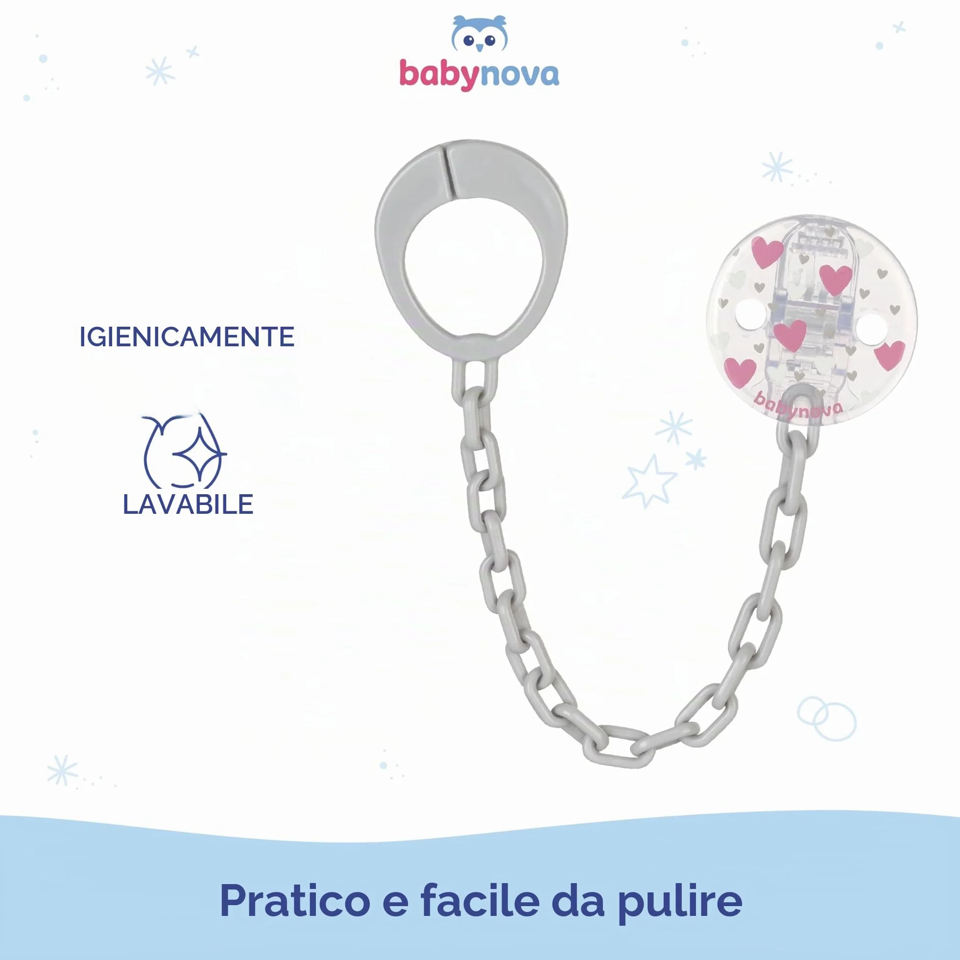 Babynova Catena per Ciuccio con Clip e Anello – Portaciuccio per Bambini – Compatibile con Ciuccio – Accessorio per Passeggino – Senza BPA – Cuori rosa