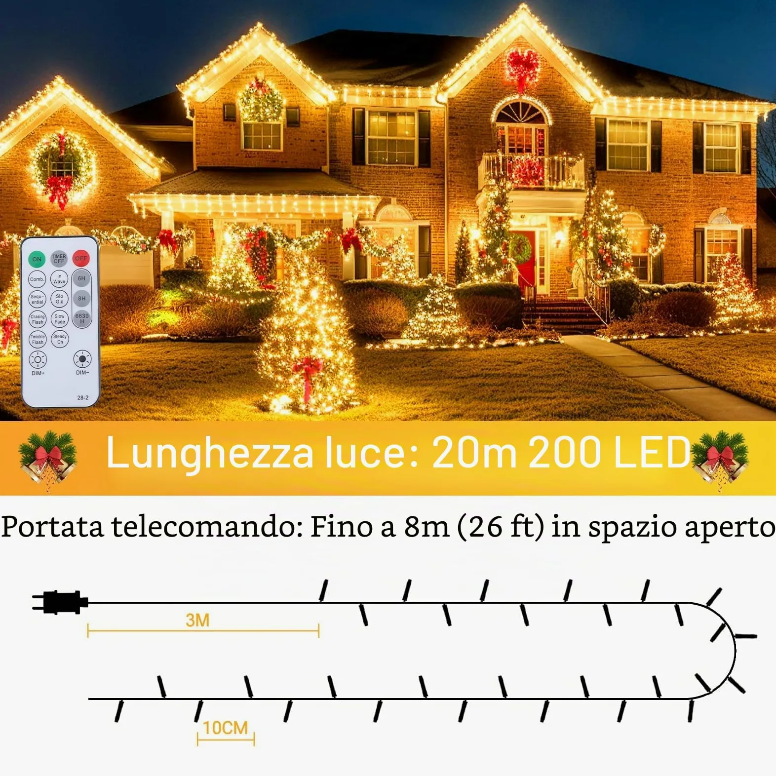 Marchpower Luci Albero Natale 20M, Catena Luminosa 200 LED Esterno Impermeabile,8 Modalità Telecomando Funzione Memoria, Calda Decorazione Natalizia per Casa Giardino Matrimonio Feste-Bianco Caldo