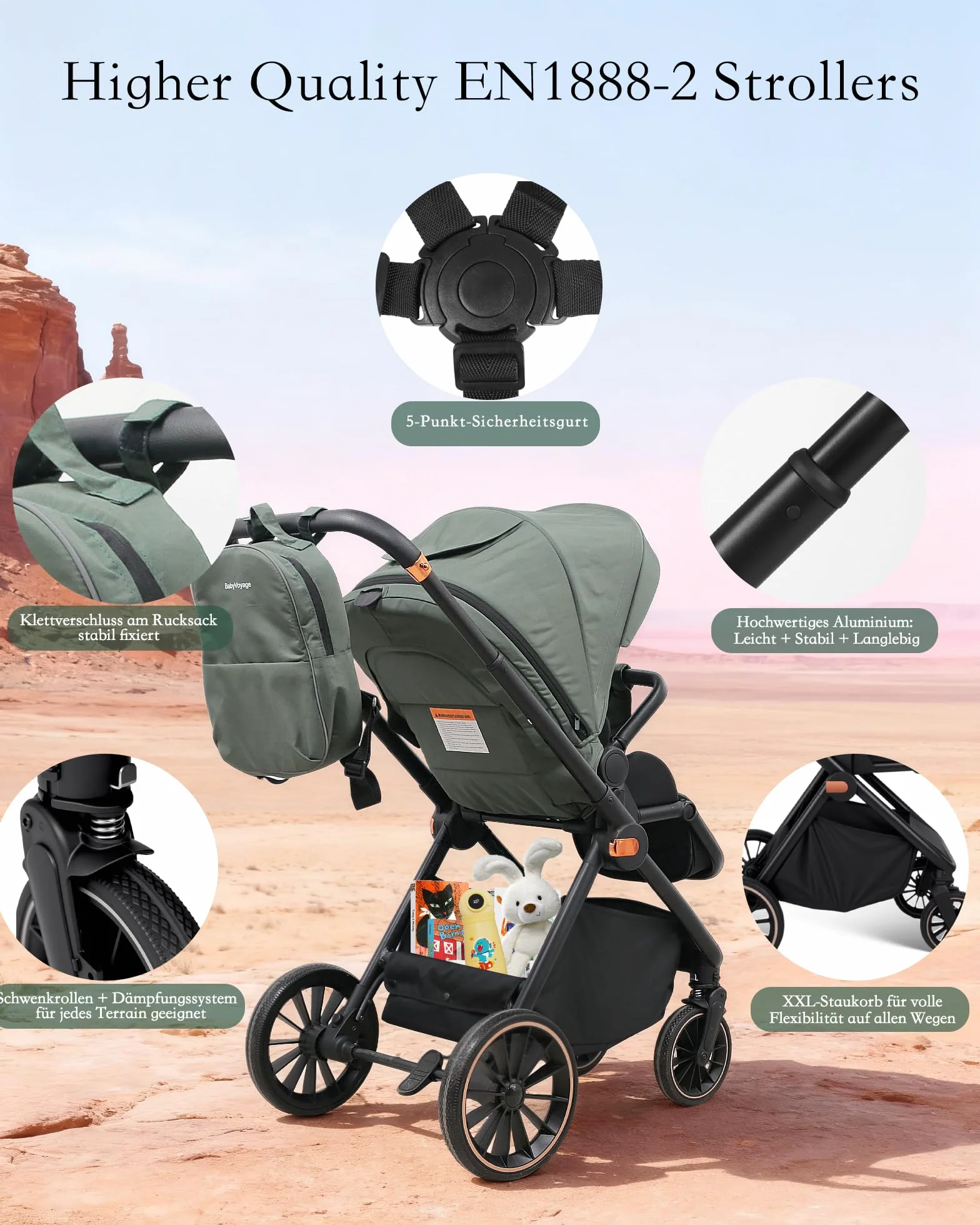 Passeggino 2 in 1 Reversibile 360° Chiusura Veloce Fronte Mamma 0-48 Mesi 26 kg Verde
