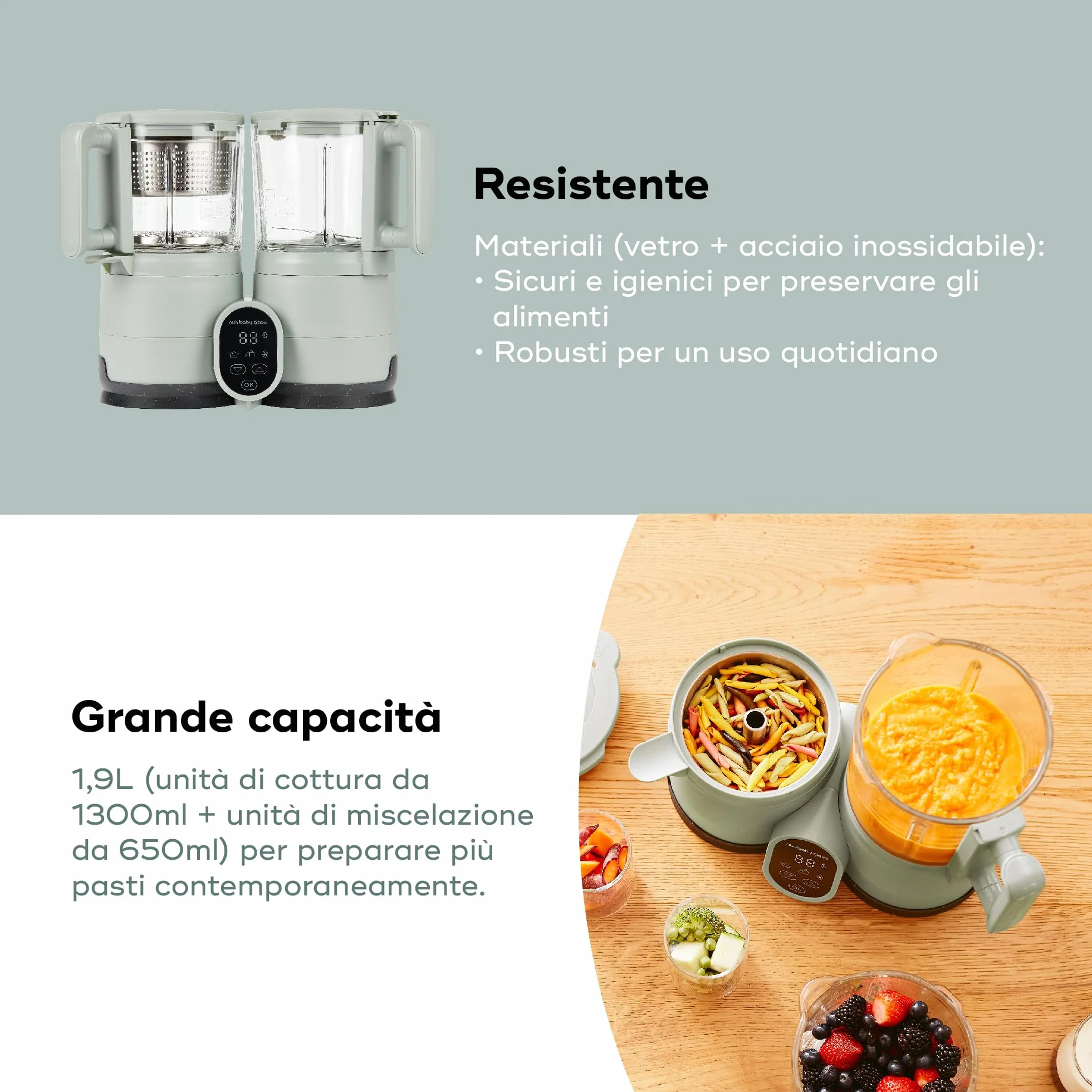 Babymoov Nutribaby Frullatore Vaporizzatore Vetro 4 in 1 Cuocipappa Svezzamento Riscaldatore Scongelatore Acciaio Inox